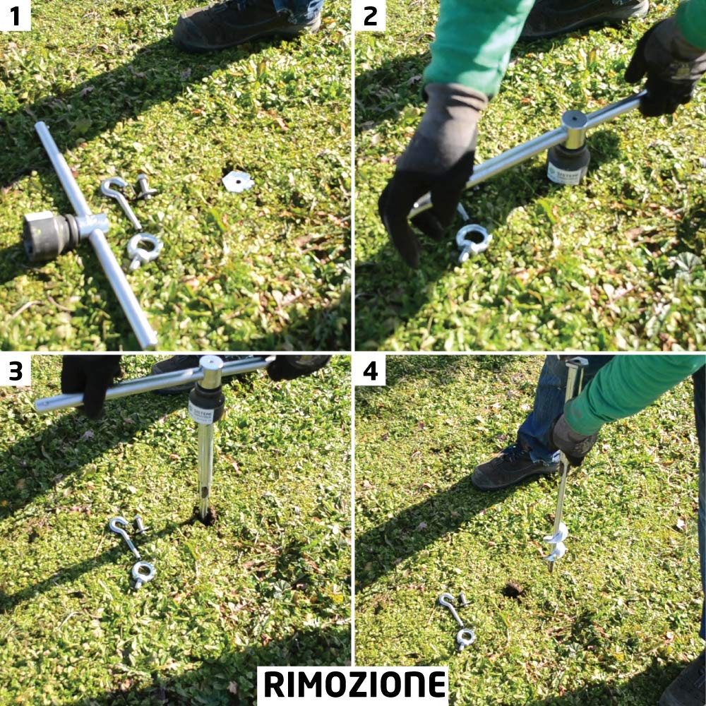Viti per terreno T-BLOCK - Kit di 4 viti di ancoraggio a terra per gazebo e arredo da giardino. Ecologici, L 38 cm Ø 28-14 esagono da 41 mm con punto fisso M10.