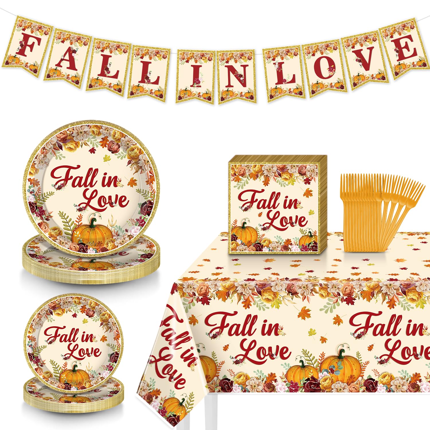 Fall in Love Bridal Shower Decorations,99pc fall wedding shower decorations Tableware Set Include Fall in Love Plates and Napkins, Fall in Love Tablecloths, Fall in Love Banner