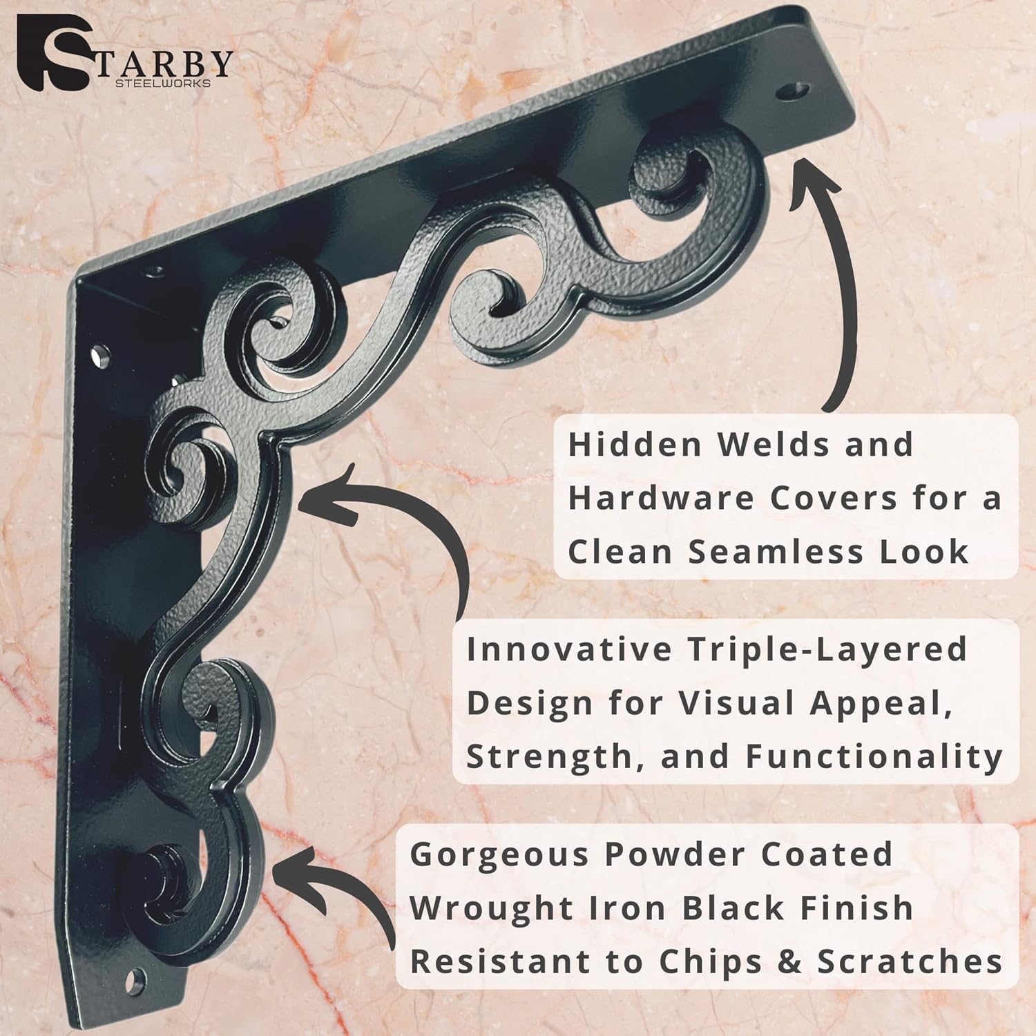 Starby Charleston Heavy Duty Steel Fireplace Mantel Brackets, Floating Shelf, Countertop Support - Hand Welded (2 Pack) (8 x 8 x 2)