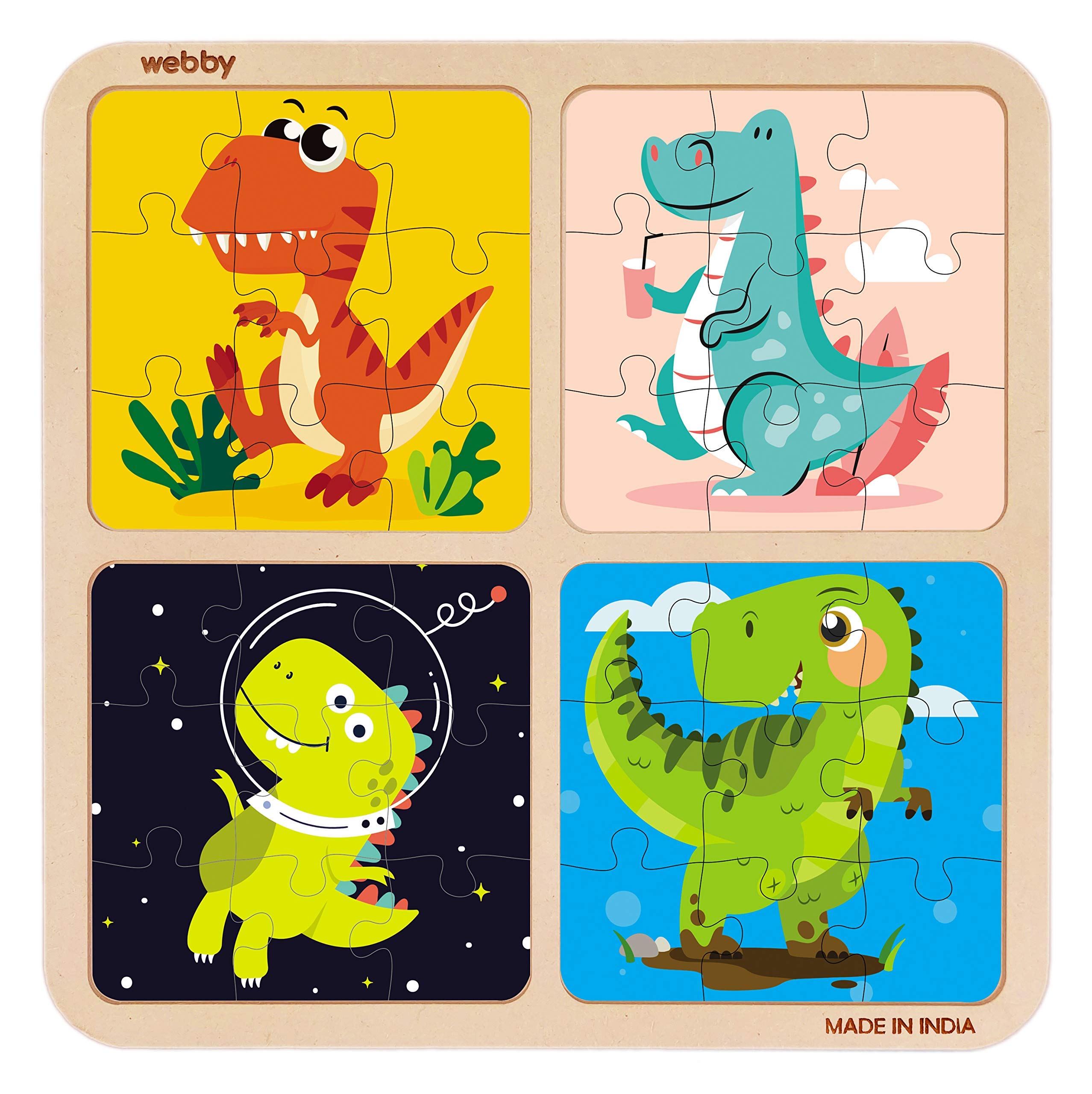 Webby 4 in 1 Dinosaur Wooden Puzzle Toy for Kids, Multicolor