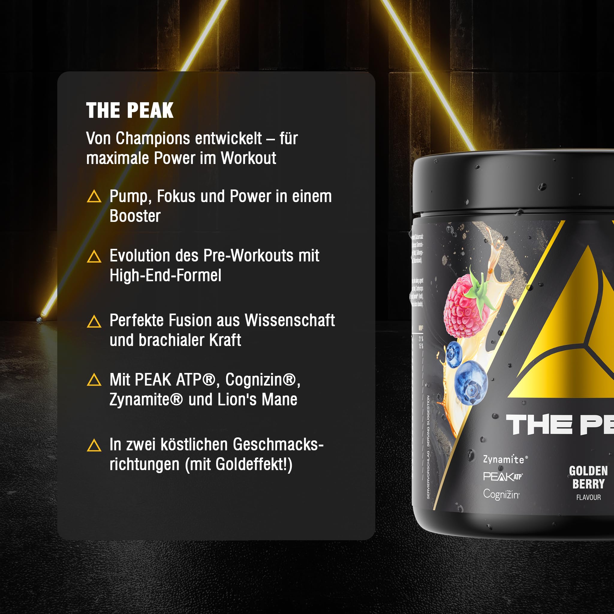 THE PEAK - 375g Geschmack Golden Berry I 15 Portionen I Hardcore Pre-Workout Booster für Energie, Fokus & Pump mit L-Citrullin, L-Arginin, Koffein, Bitter Orange Extrakt, Lions Mane, ATP, u.v.m.