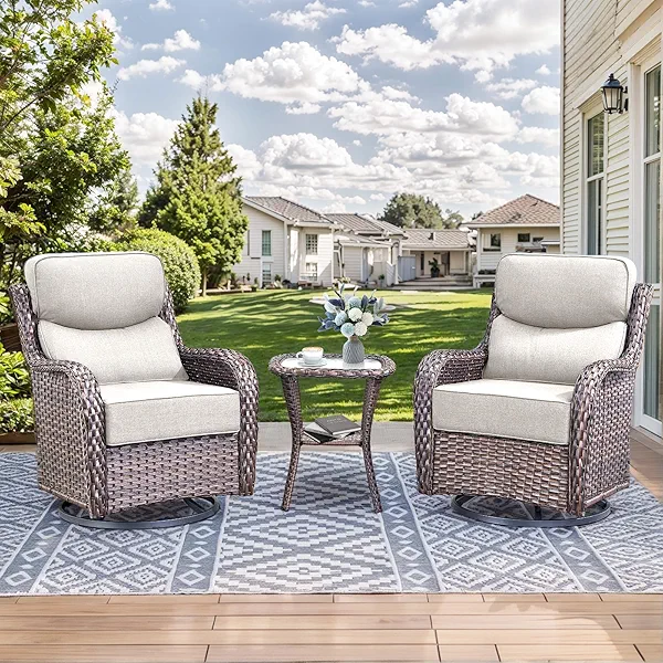 HUMMUH Outdoor Patio Wicker Swivel Rocker Chairs with 6-Inch Thick Cushion High Back 3 PCS Wicker Conversation Set for Porch Balcony Deck