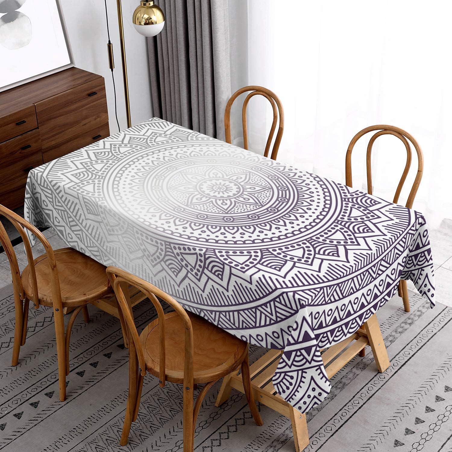 Mantel Antimanchas Mandala Gris Púrpura Mantel Tela Poliéster Impermeable Lavable Manteles de Mesa Rectangular para Interior y Exterior Casa Comedor Cocina Fiesta(140x200cm)
