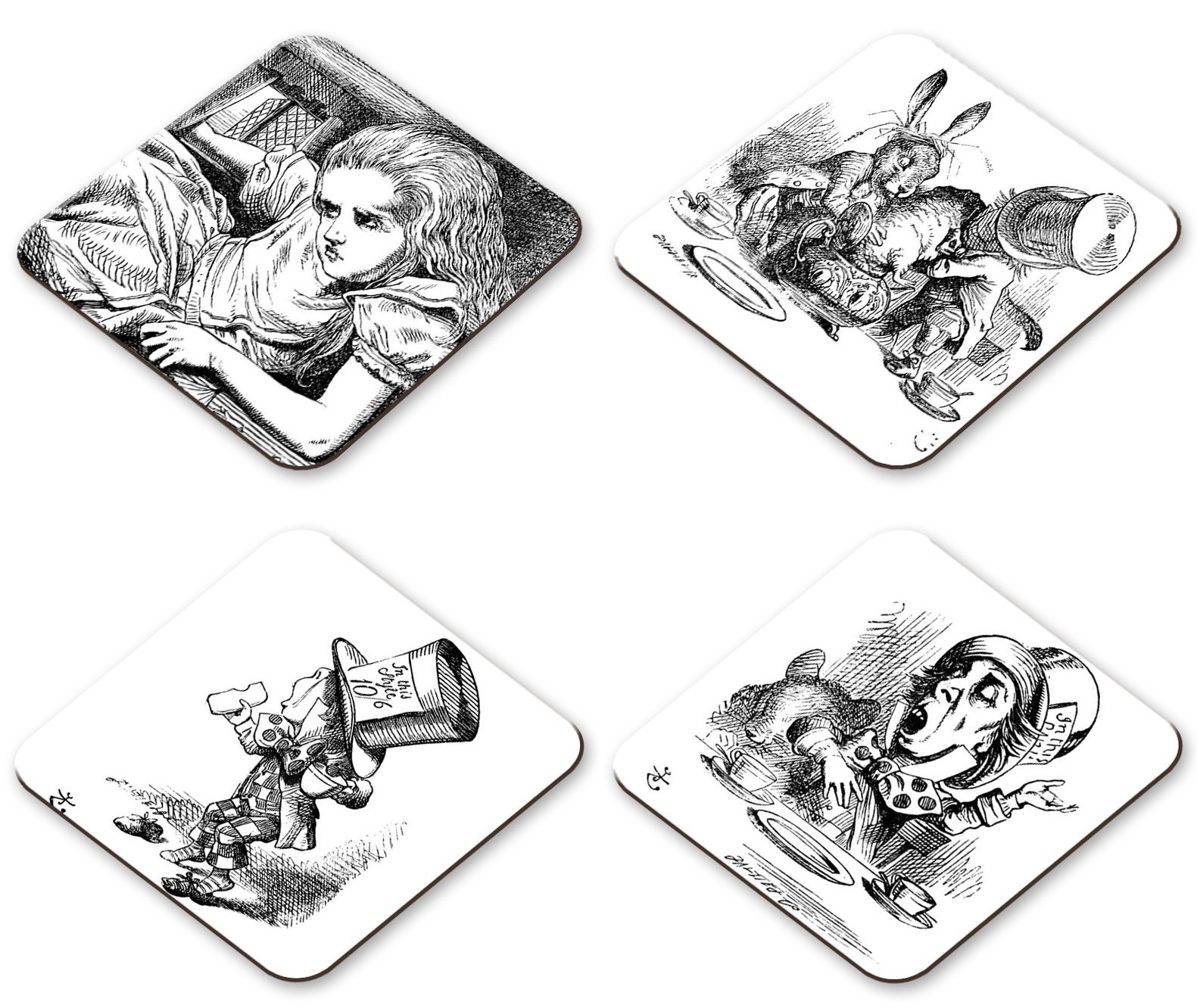 Alice in Wonderland Artwork Coaster Set - Shrunk, Tea Pot, The Mad Hatter, The Mad Hatter Table Scene - John Tenniel - Size 9 x 9 cm - Wipe Clean, Scratch Proof and Heat Proof
