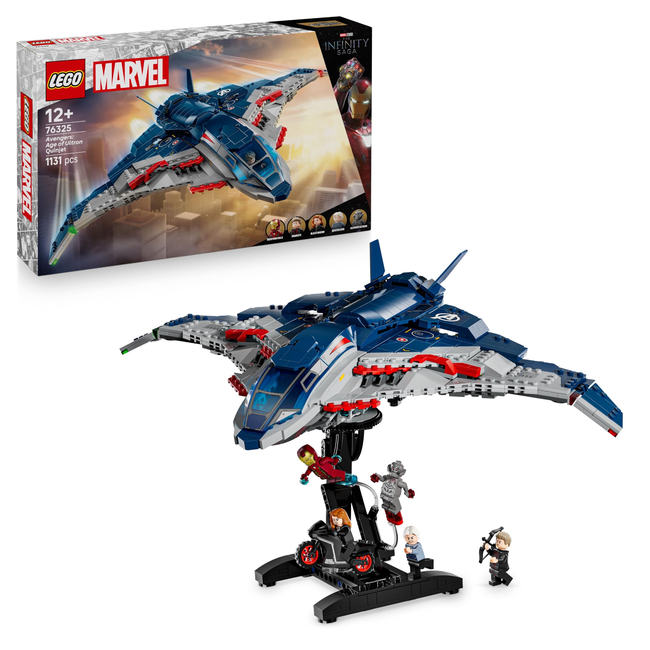 LEGO ǀ Marvel Le Quinjet d'Avengers : L'Ère d'Ultron - Jouet Avion de Super-​Héros avec Moto & 5 Minifigurines Dont Iron Man, Black Widow & Ultron - Cadeau pour Garçon dès 10 Ans & Fan Adulte 76325