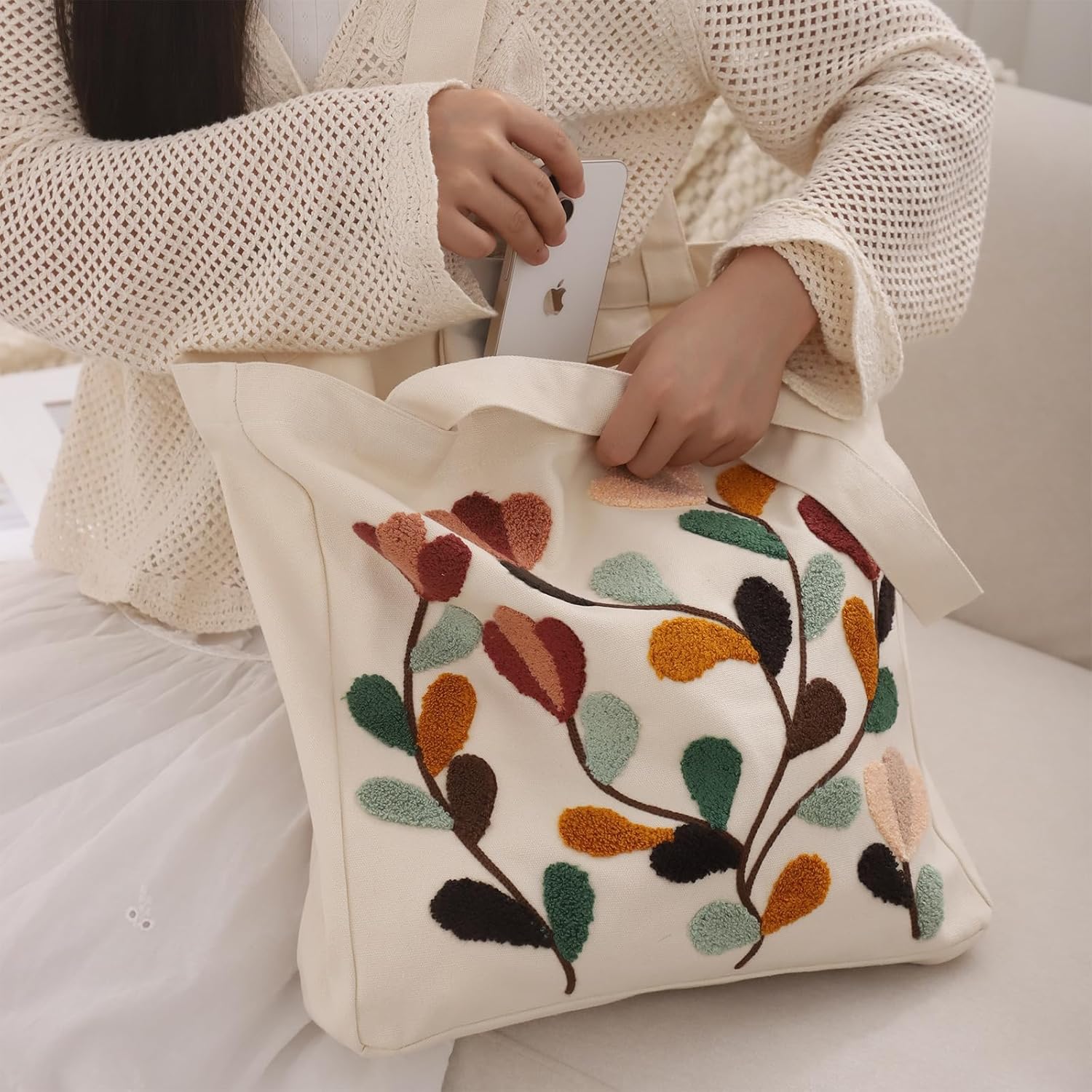 Aesthetic Embroidery Tote Bag for Lady Cute Reusable Canvas Shoulder Bag for Girls Women Shopping Grocery - Image 2