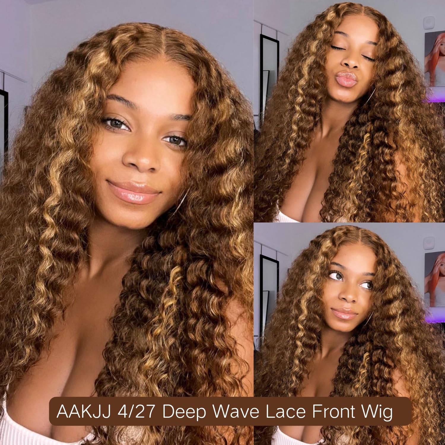 AAKJJ Deep Wave Lace Front Wigs Human Hair 4/27 Highlight Ombre Deep Wave Wig 13x4 HD Transparent Lace Frontal 200% Density Glueless Pre-Plucked with Baby Hair for Women 26 Inch