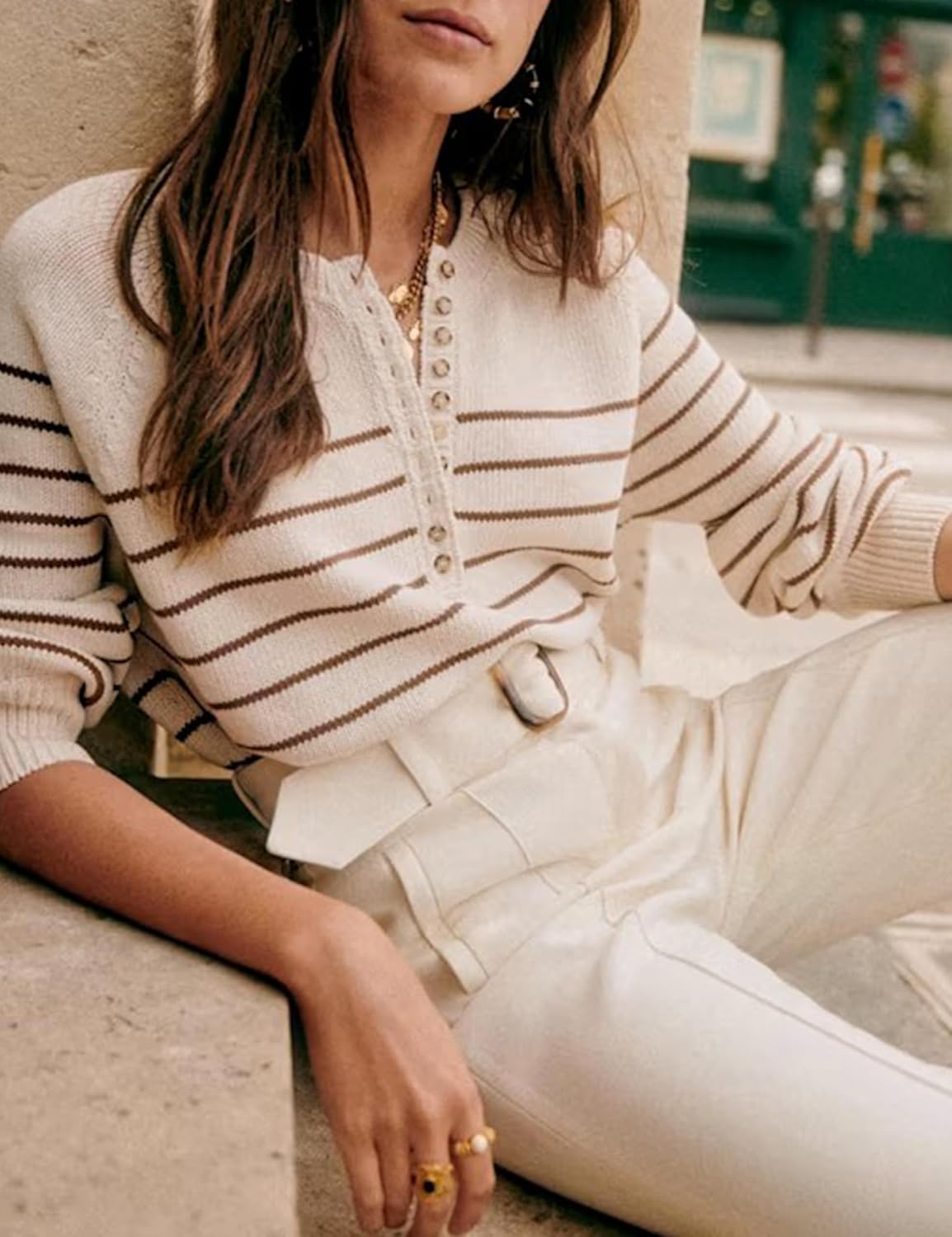 Hongsui Women's Color Block Striped Sweaters Button Up Crewneck Pullover Ribbed Knit Sweater Tops - Image 3