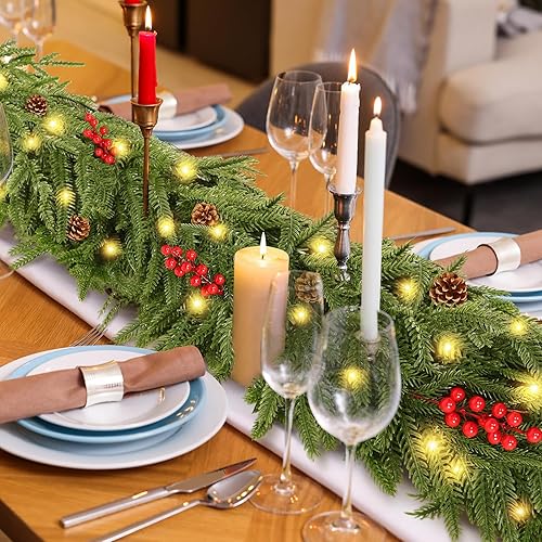 Miniatura 5 de 2 guirnaldas artificiales de pino Norfolk de 6 pies, guirnalda de pino de invierno de tacto real, guirnalda verde artificial para manto, mesa,