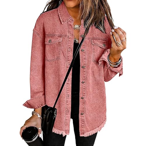 Vetinee Women’s Oversized Button Up Frayed Hem Shacket Long Sleeve Pockets Denim Jean Jacket