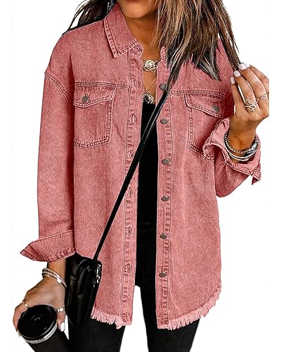 Vetinee Women’s Oversized Button Up Frayed Hem Shacket Long Sleeve