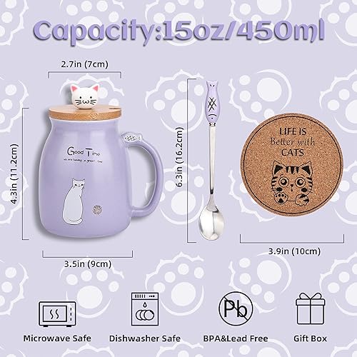 Miniatura 4 de Juego de 2 tazas de té con diseño de gato, taza de café de cerámica con tapa Kawaii y cuchara, tazas lindas para mujeres y niñas, amantes de los
