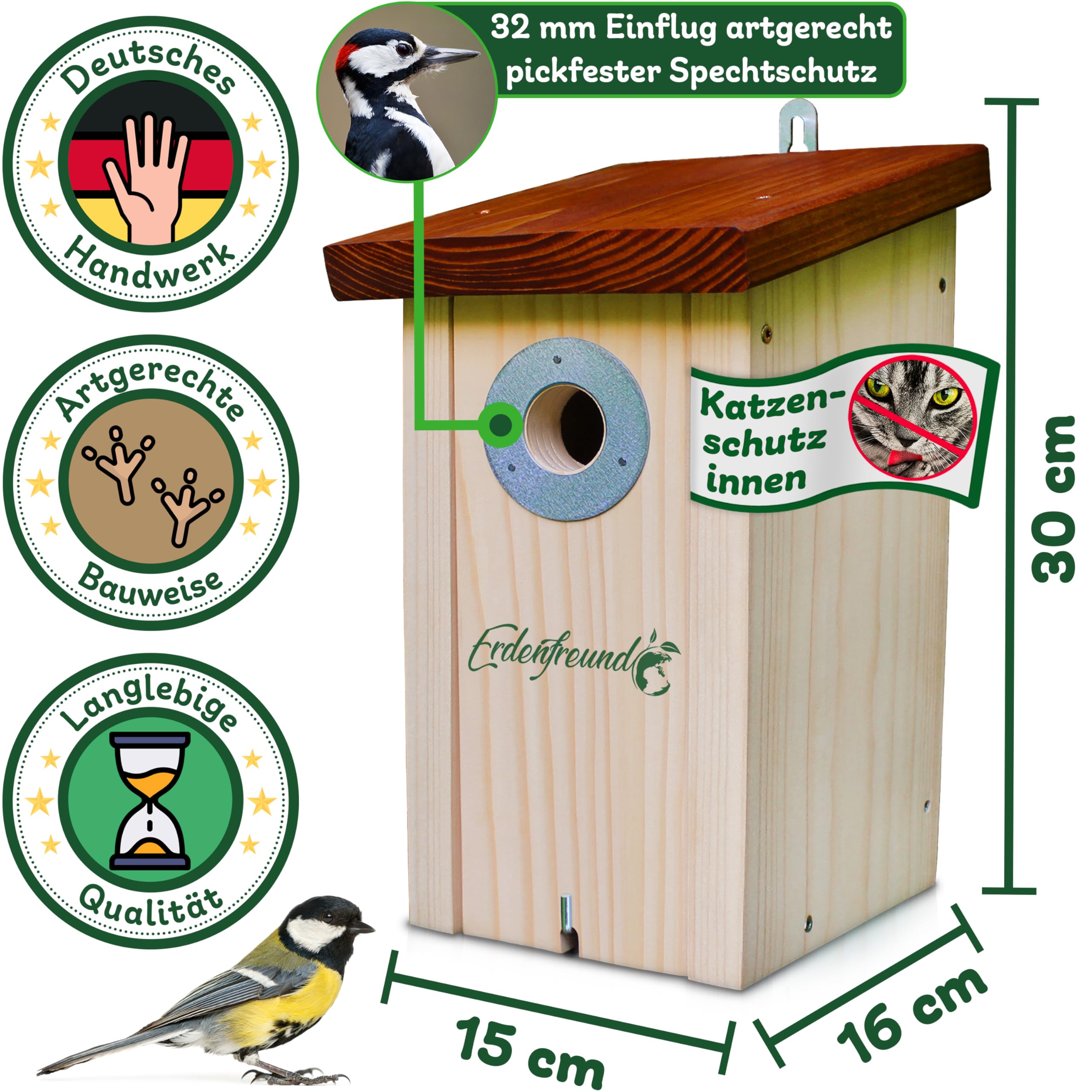 ERDENFREUND® Meisen Nistkasten 32mm Katzen-/Marderschutz innen Nistkasten für Vögel mit pickfestem Spechtschutz aus rostfreiem Metall