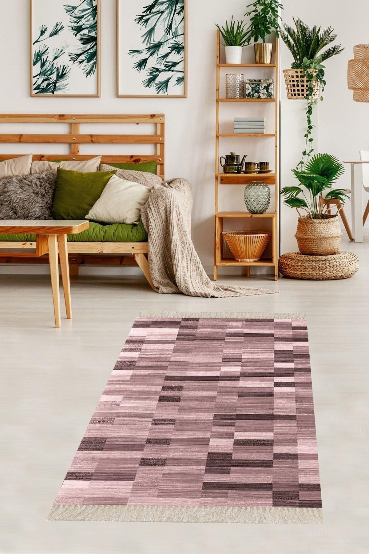 Pelangi Pembe Renk Bloklu Geometrik Geçişli Dijital Baskı Yıkanabilir Kaymaz Taban Salon Halısı ve Yolluk, Kırmızı 80 x 400