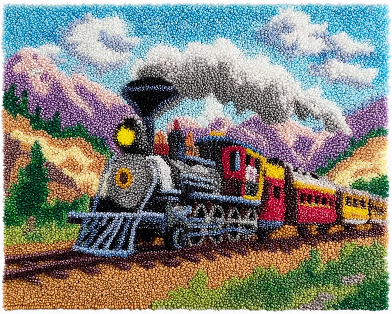 AMBATTERY Latch Hook Kitscartoon Train Latch Hook Rug Kits for Adults Crochet Set for Beginners，Carpet Making Kit with Printed Canvas，Gift 33x45in