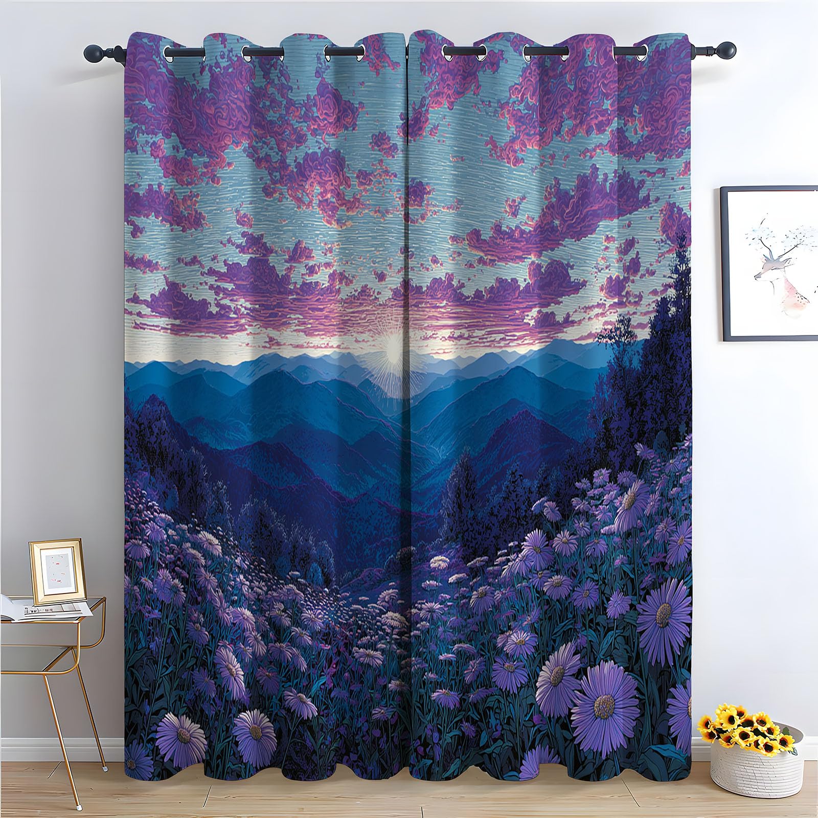 TERUEA Fabric Pattern Neutral Decor Mountain valley purple daisy flower sunset cloud landscape Window, Flowers, Garden Washable Polyester Fabric Curtains for Outdoor-52 W x 72" L (Pack of 2)