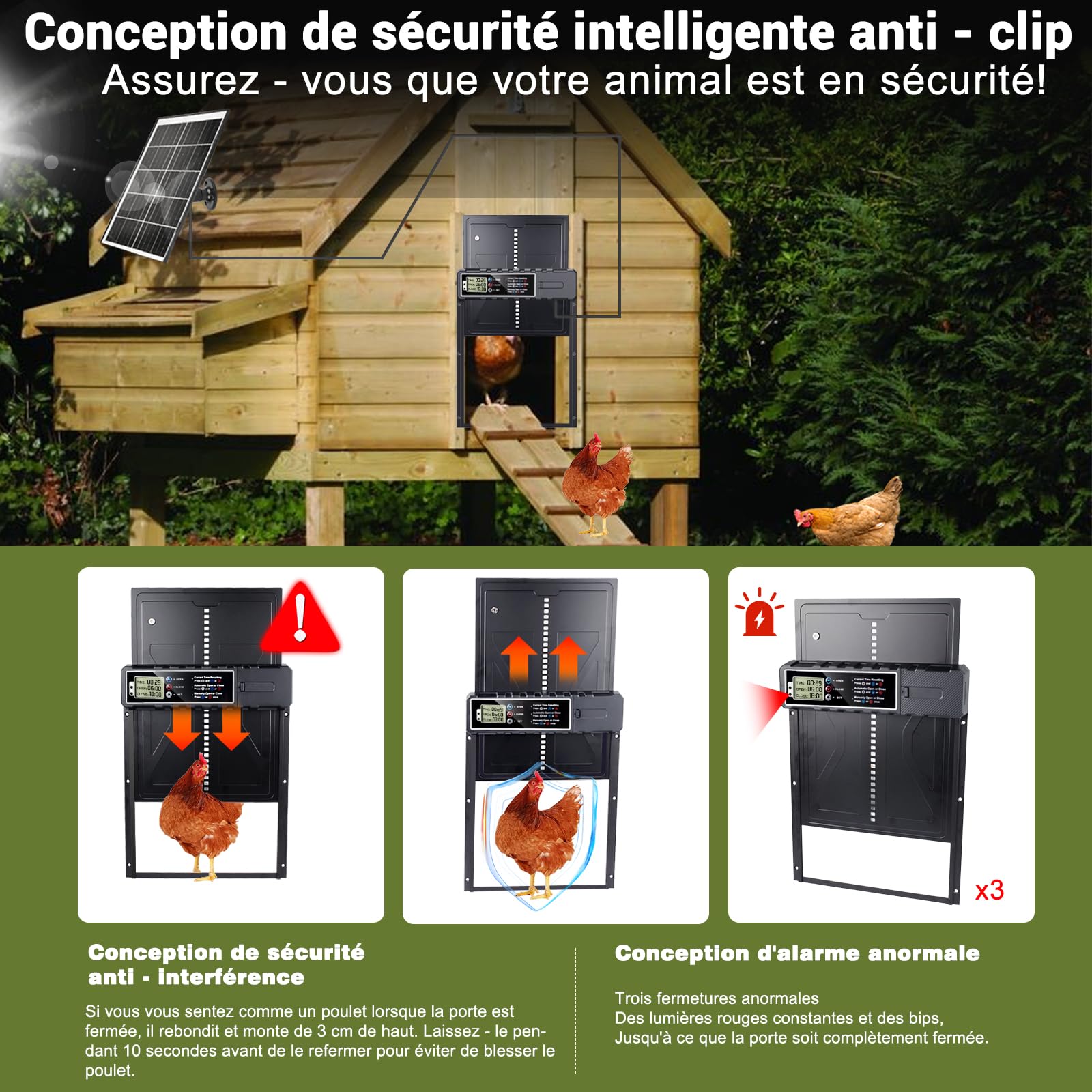 Grande Taille Porte Poulailler Automatique Solaire,Automatique Poulailler en Aluminium avec 7W Panneaux Solaires, Deux méthodes de Chargement Minuterie, Affichage LED, Télécommande