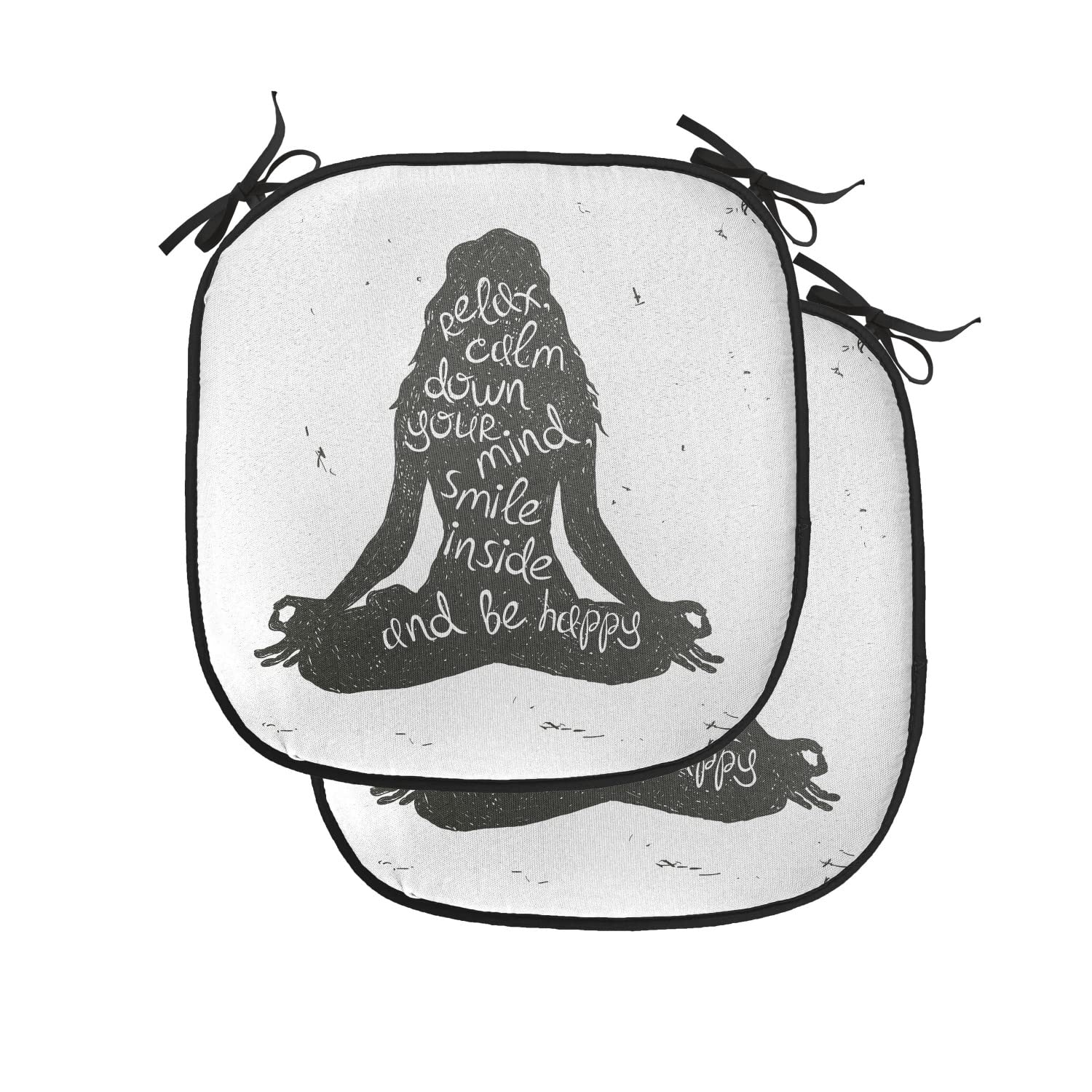 Lunarable Yoga Chair Cushion Pads Set of 2, Relax Calm down Smile Be Happy Typography Poster Woman Silhouette Sitting Yoga, Anti-slip Seat Padding for Kitchen & Patio, 16