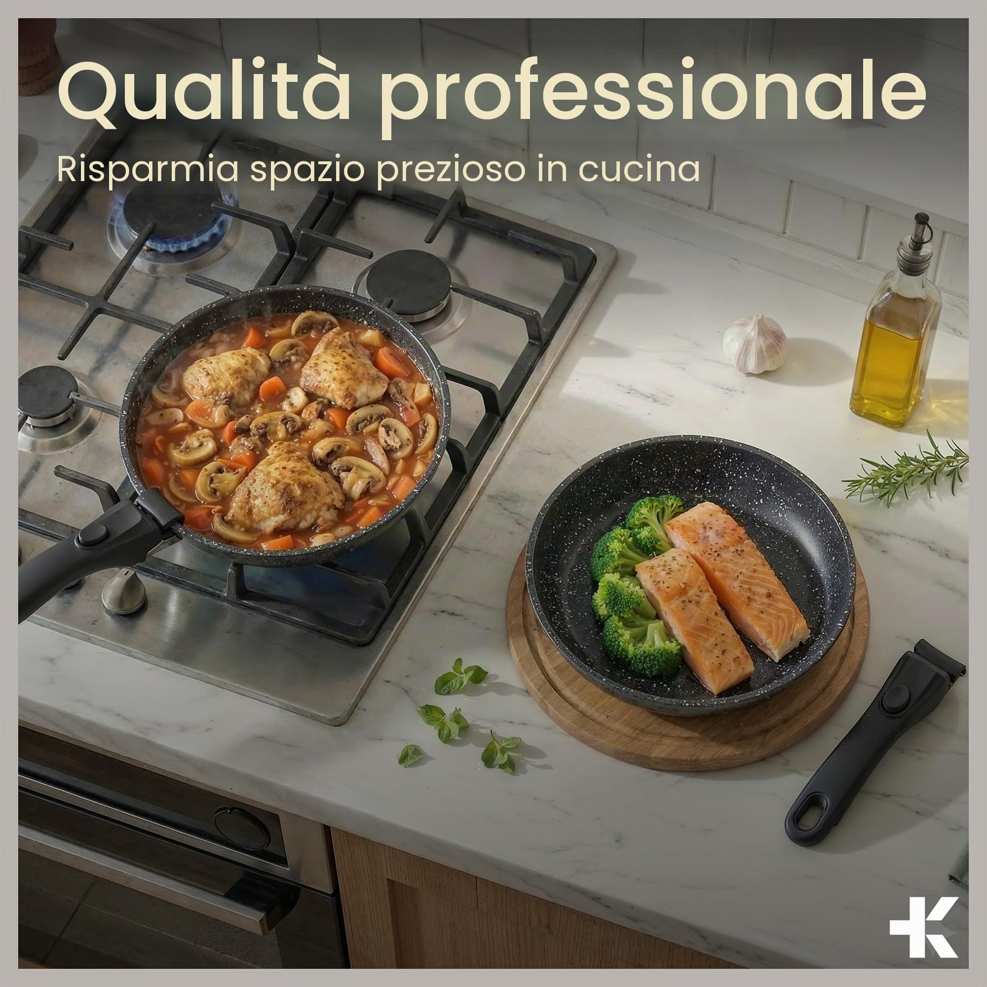 Bakken-Swiss - Set di pentole rimovibili, 15 pezzi, in granito, antiaderente, ecologico, con manici rimovibili impilabili, per tutti i fornelli e forno, rivestimento in marmo nero