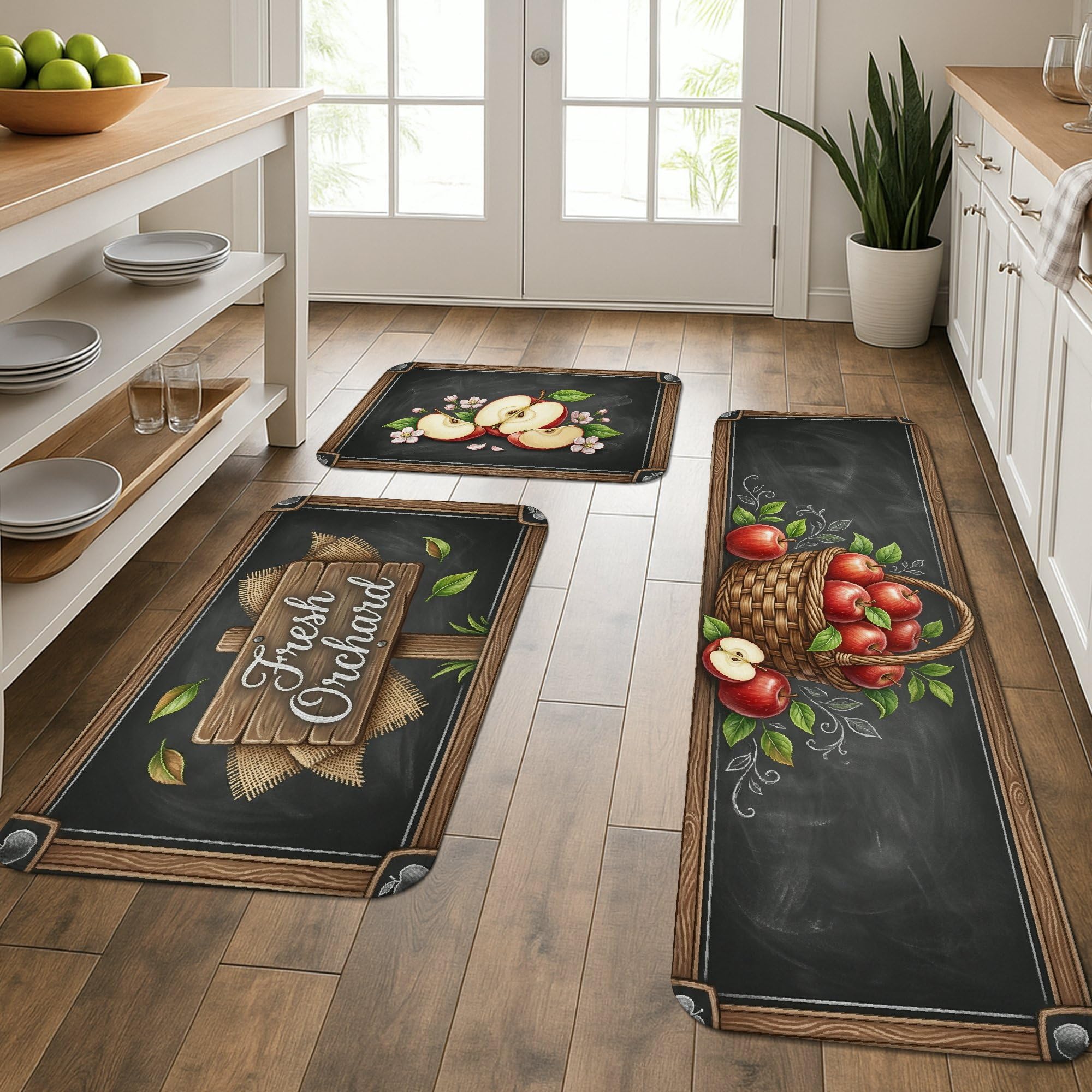 Tapis de cuisine rembourrés lot de 3 lavables motif pommes pour lavabo et buanderie