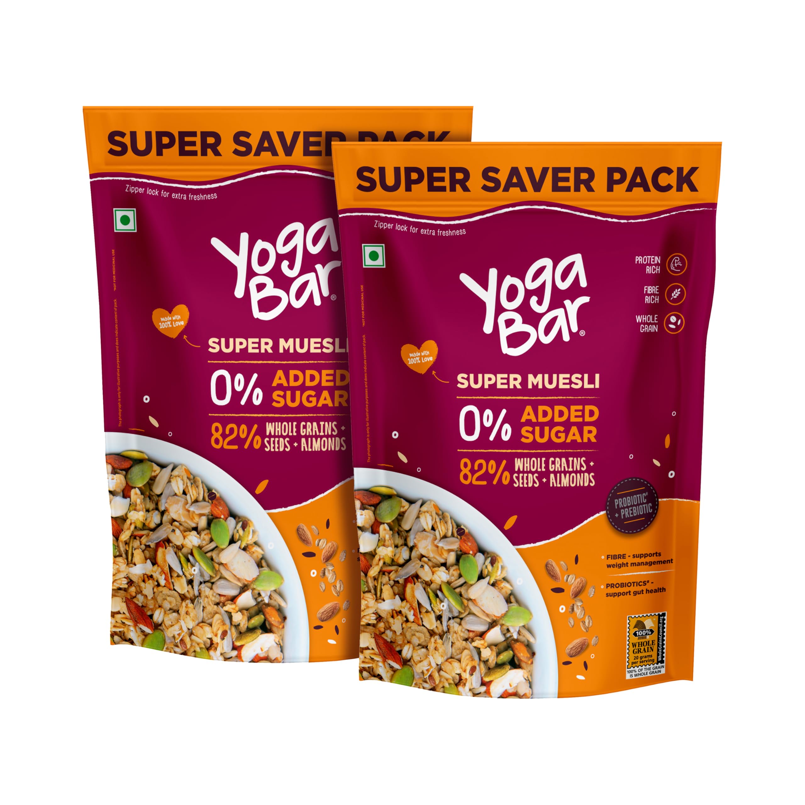 Yogabar Super Muesli, No Added or Hidden Sugar, Breakfast Muesli with Probiotics & Prebiotics, 82% Whole Grains+ Seeds+ Almonds, 400gm Each (B08PC5CNV9) Amazon Price History, Amazon Price Tracker