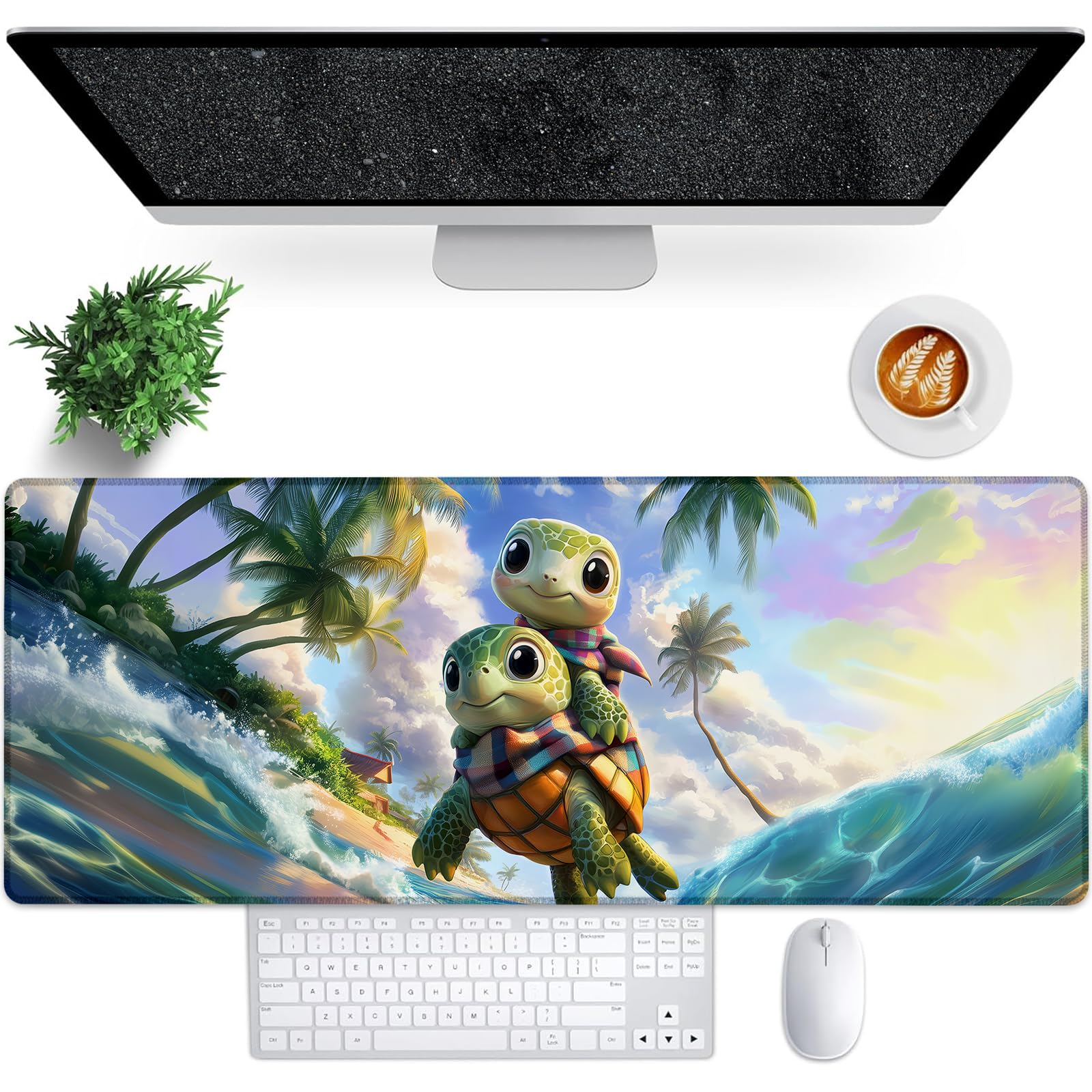 Bidesk Playful Sea Turtle Gaming Mouse Pad, 31.5"×11.8" Extended Desktop Mouse Pads for Keyboard Laptop Computer, Cute Surfing Turtles Large Desk Mat