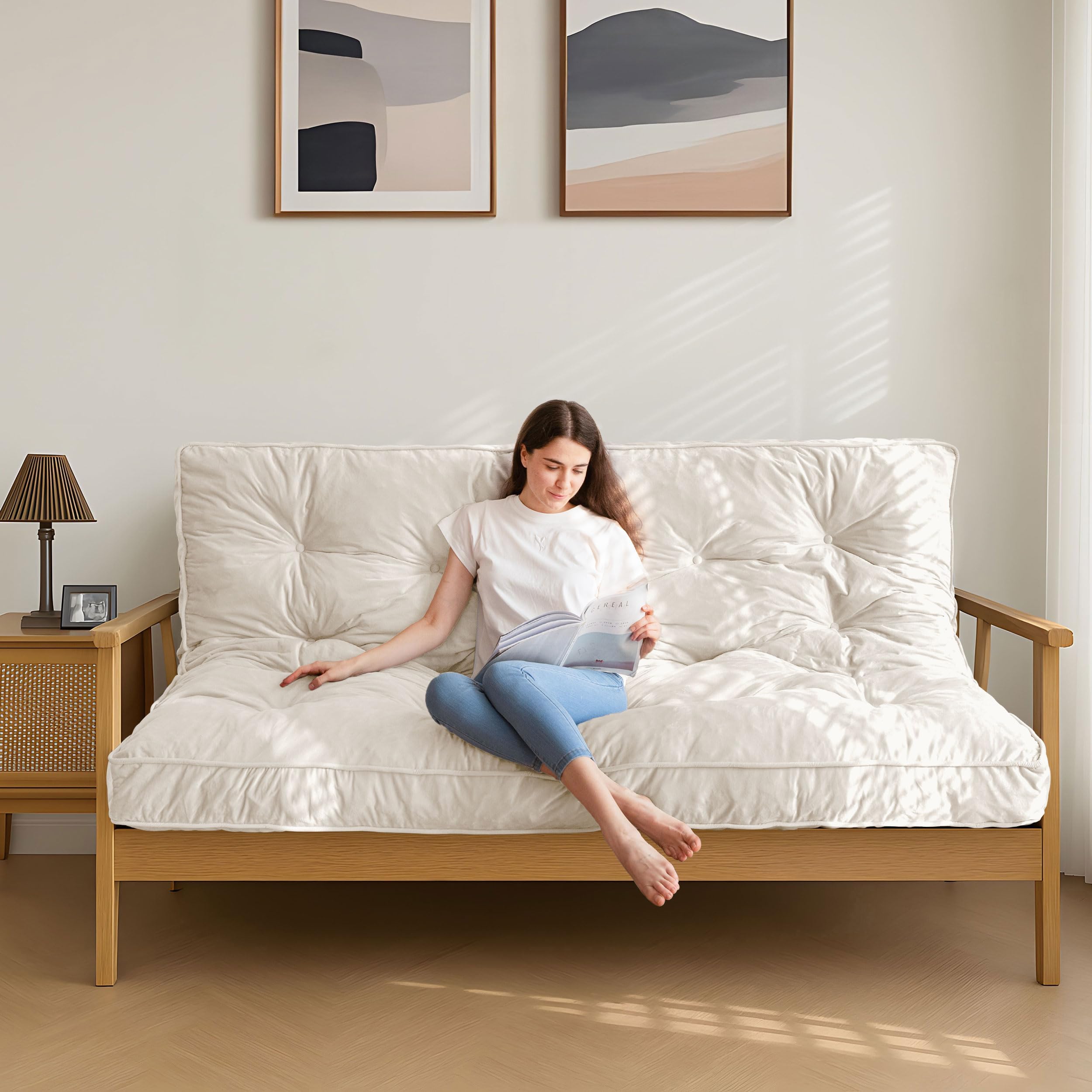 6" Futon Mattress Full Size, Velvet Thick Futons Sofa Couch, Versatile Floor Mattress for Adults, Shredded Foam Filling (Frame Not Included), Beige