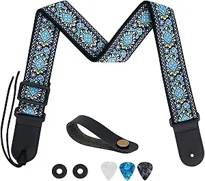 tifanso Guitar Strap Jacquard Weave Guitar Strap with Leather Ends - Soft Adjustable Acoustic Guitar Strap for Electric Bass, Come With Strap Button, 1 Pair Strap Locks and 3 Guitar Picks