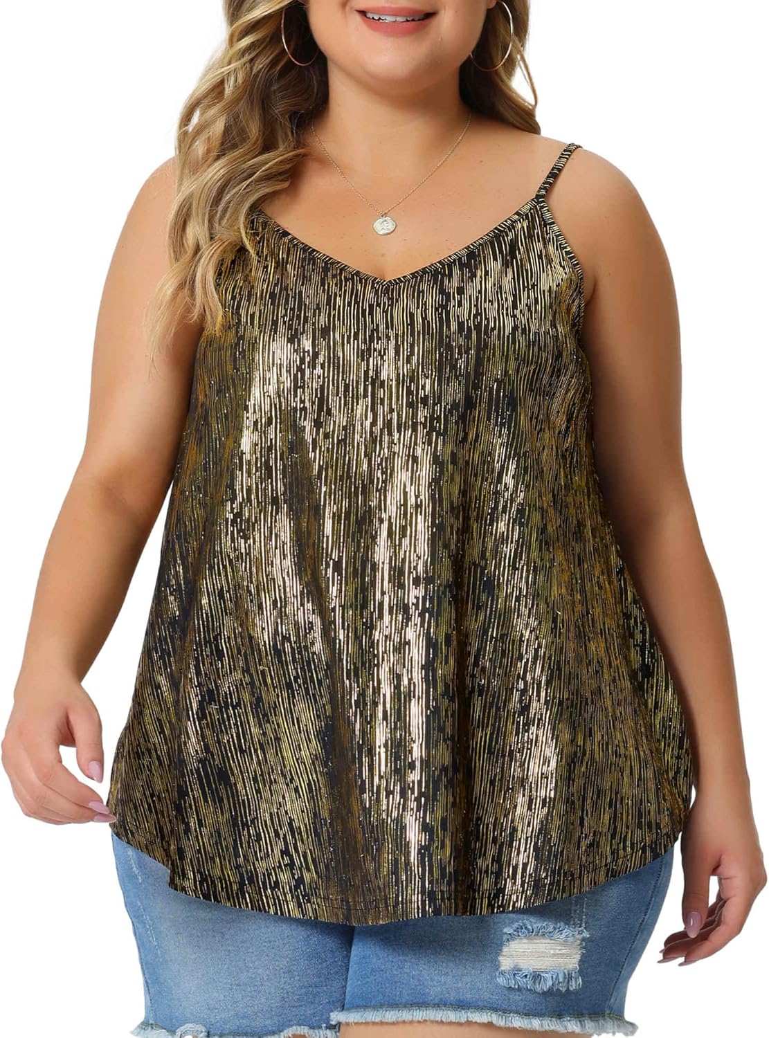 Agnes Orinda Plus Size Sequin Tank Tops for Women V Neck Bronzing Glitter Cami Sleeveless Camisole Vest
