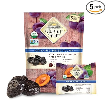 Sunny Fruit Soft Organic Pitted Prunes - 1 Bag (5 Individual Portion Packs) | No Preservatives, No Sugar Added | Healthy, Convenient Dried Plums Snack Packs | ORGANIC, NON-GMO, VEGAN, HALAL, KOSHER