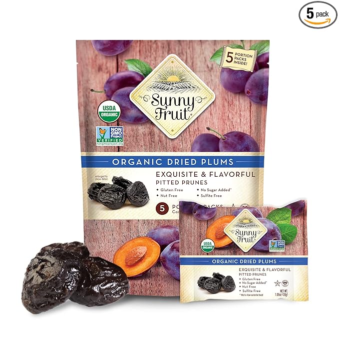 Sunny Fruit Soft Organic Pitted Prunes - 1 Bag (5 Individual Portion Packs) | No Preservatives, No Sugar Added | Healthy, Convenient Dried Plums Snack Packs | ORGANIC, NON-GMO, VEGAN, HALAL, KOSHER