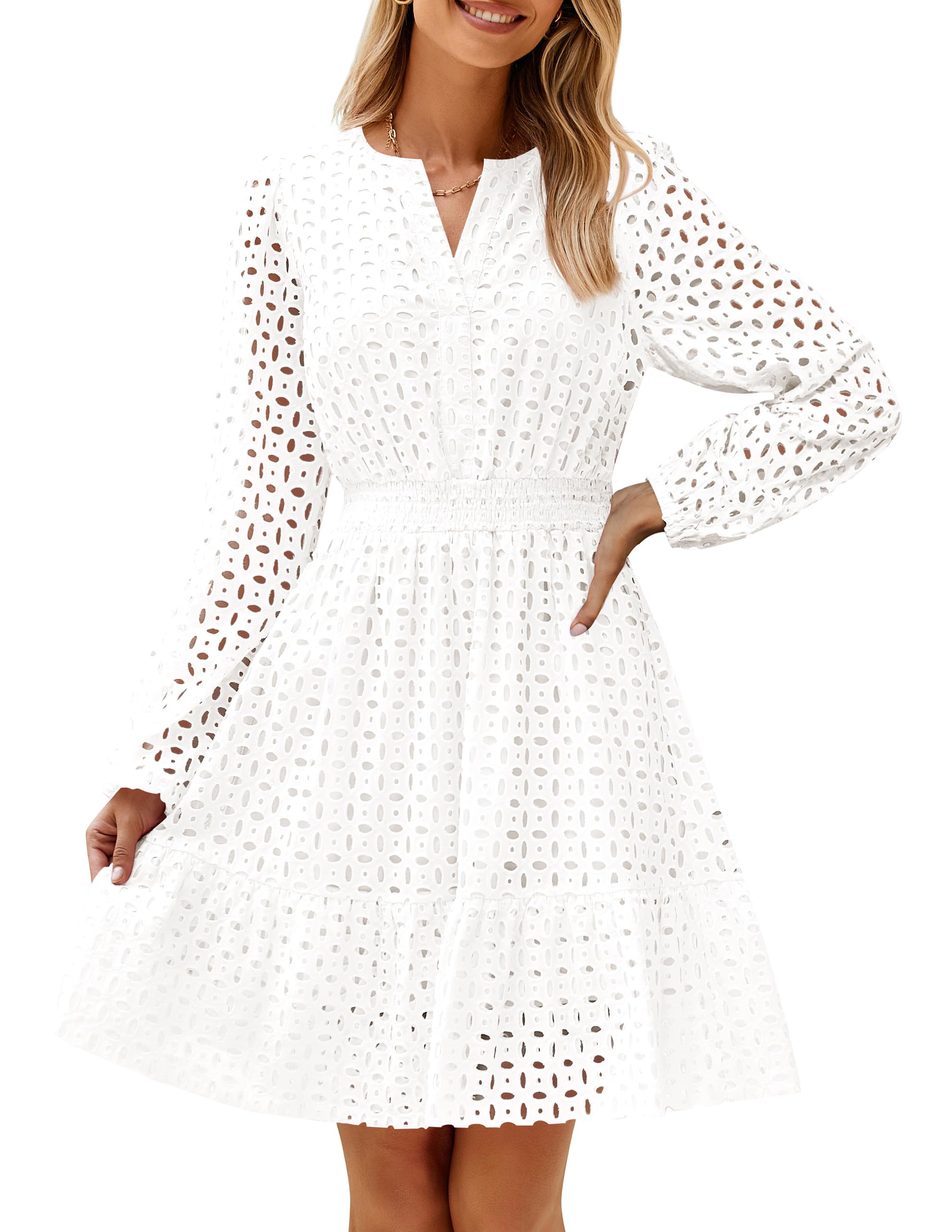 ZESICA Womens Fall Long Sleeve Eyelet Embroidery Mini Dress