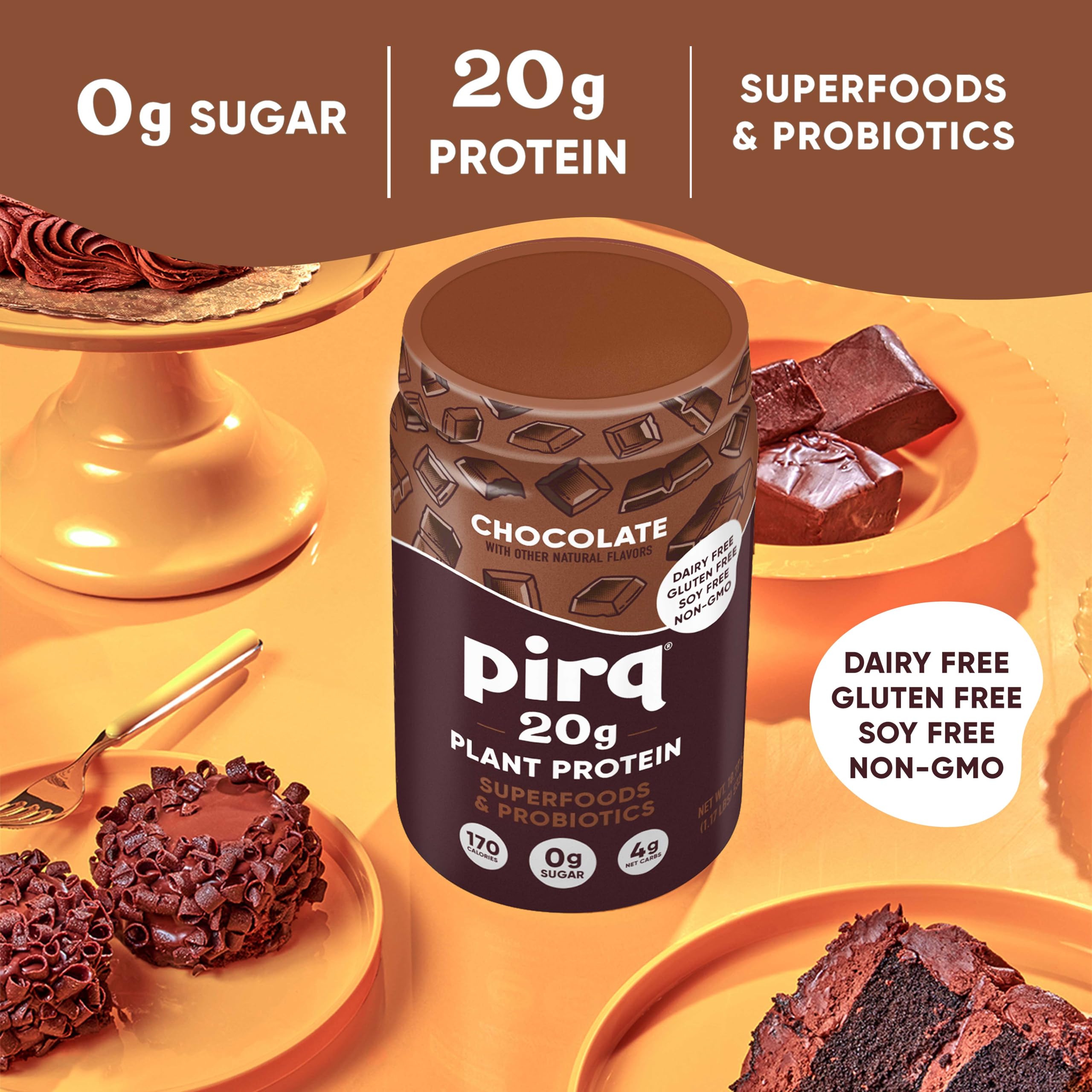 Pirq Dairy Free Protein Powder with 20g Protein, Plant Based, 2B CFU Probiotics, 25 Superfoods Greens and Fruits, Vegan, 0g Sugar (14 Servings) (Chocolate) thumbnail 3