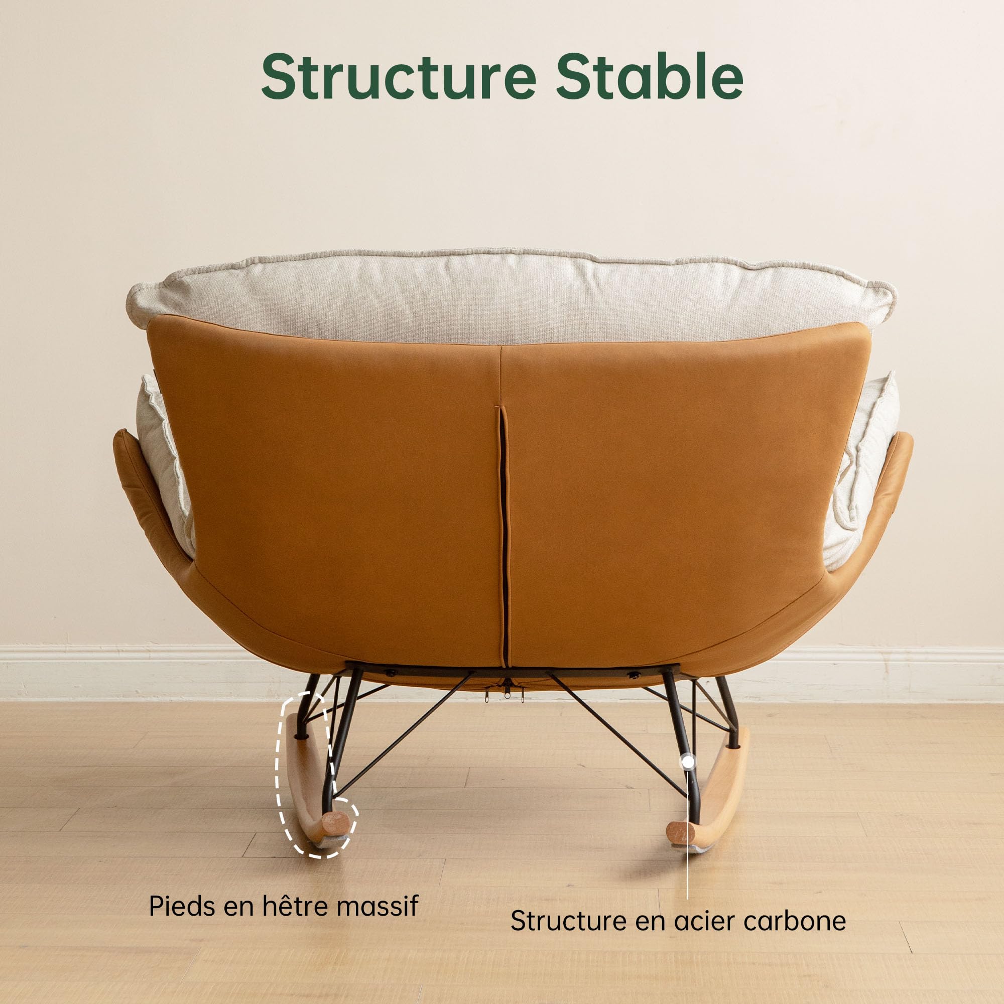 YESWOOD Fauteuil à Bascule, Forme de Cocon, Style Classique, Coussin Amovible, Structure en Hêtre Massif et Métal, 128 x 118 x 90 cm, Marron