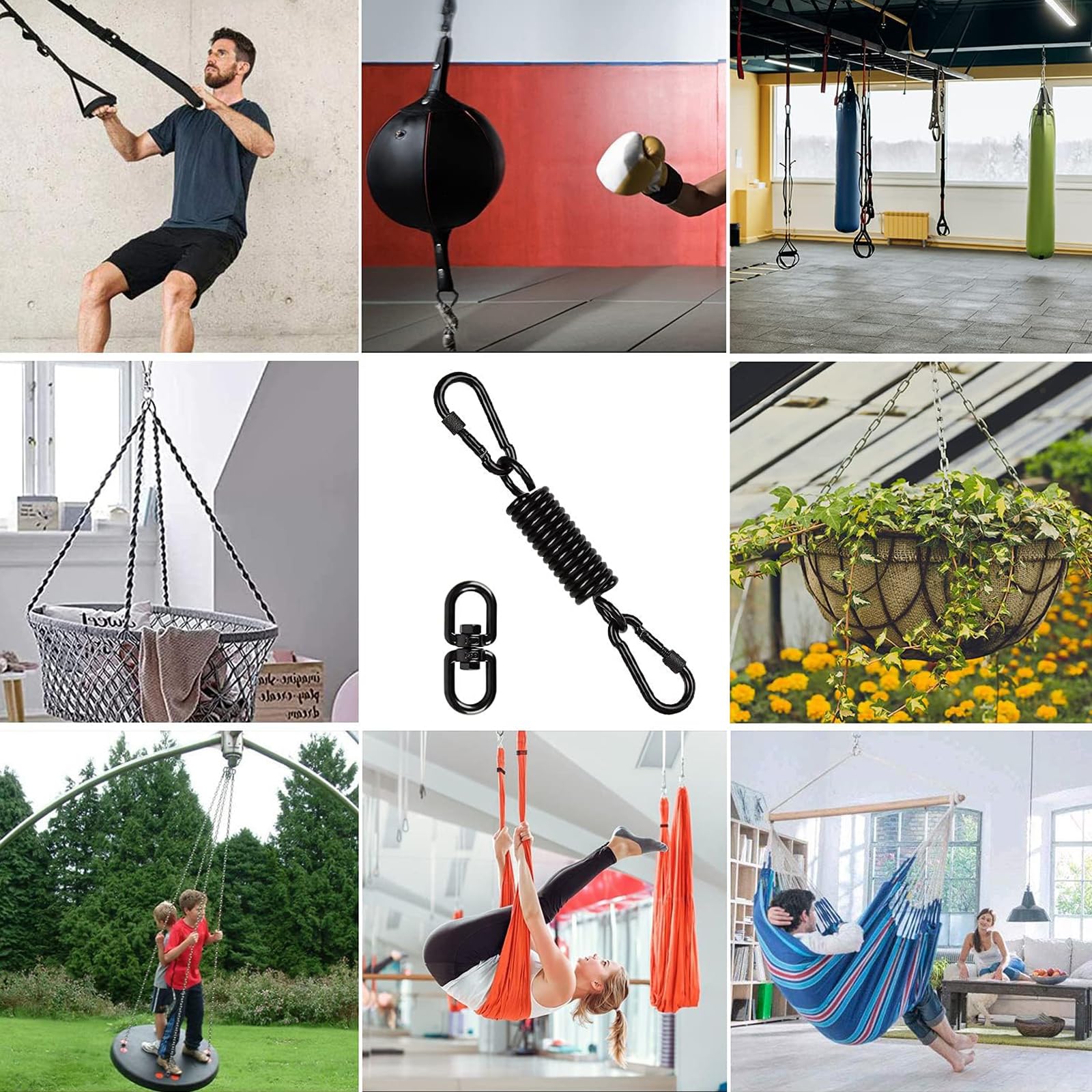 Molla oscillante per poltrona sospesa, con 2 moschettoni e gancio girevole a 360°, moschettone, portata fino a 250 kg, molla di sospensione per sacco da boxe, hammock, yoga