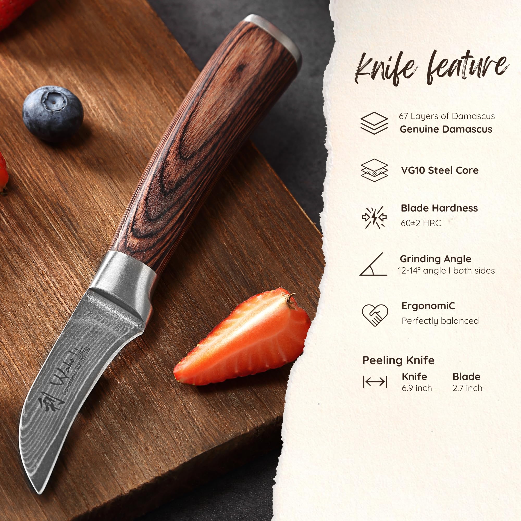 Wakoli Edib Couteau à éplucher en Damas I Lame tranchante de 6,2 cm en acier damassé à 67 couches avec noyau VG10 et manche en bois de pakka I Couteau de cuisine professionnel & couteau damassé