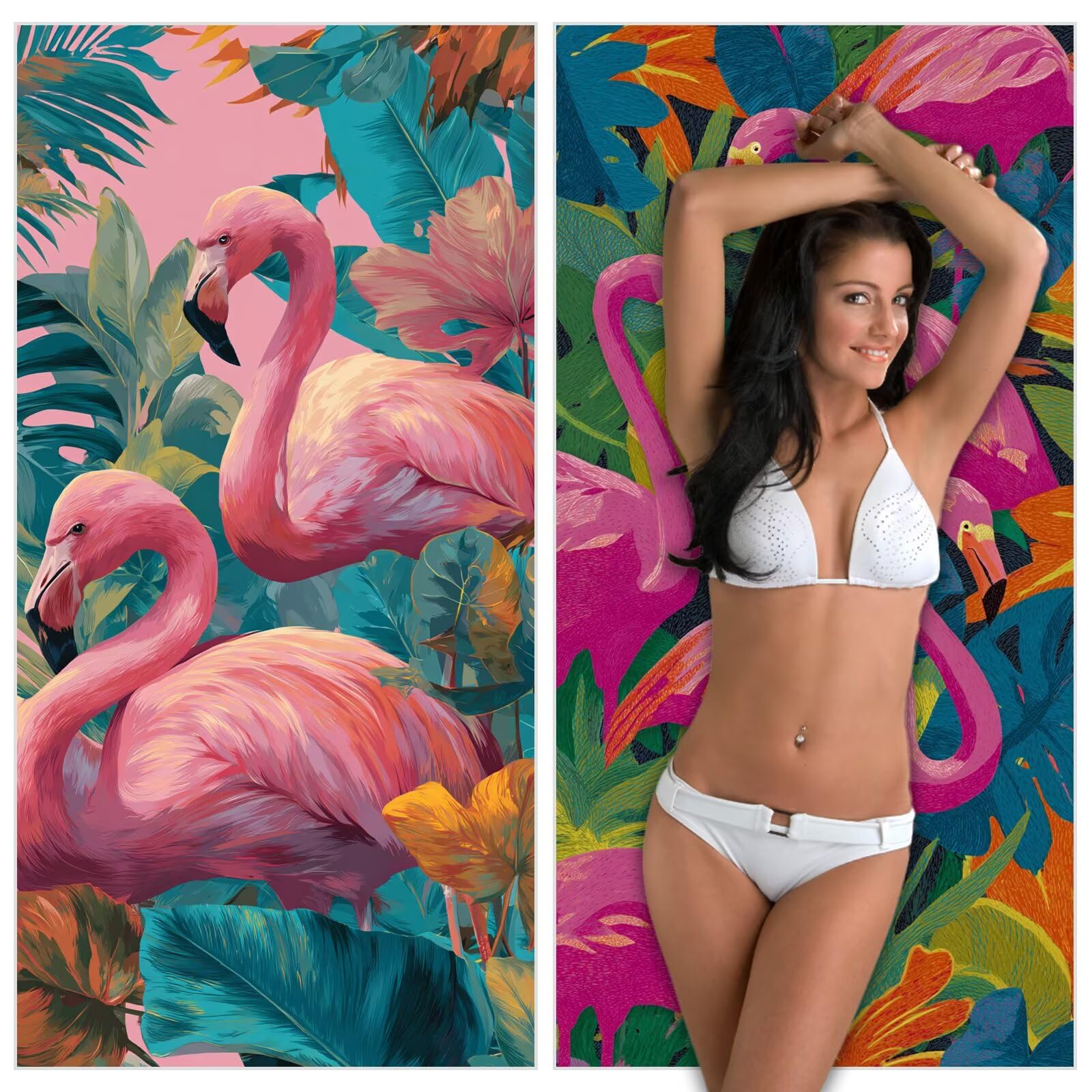 Ręcznik plażowy z flamingiem, z mikrofibry, 75 x 150 cm, zestaw 2 szt., szybkoschnący, ultra cienki, lekki, kompaktowy, z torbą, dla kobiet i mężczyzn, na kemping, fitness, urlop YJ-995