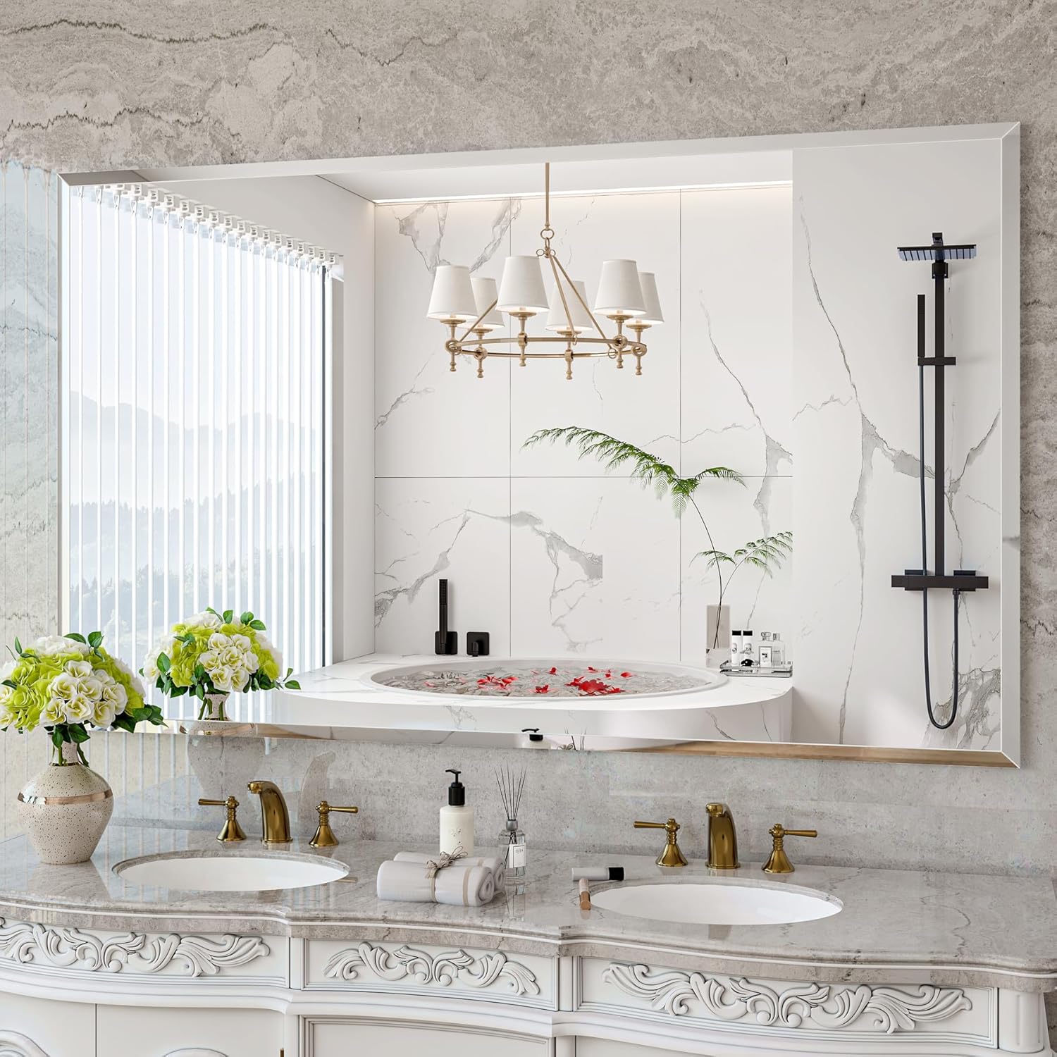 Frameless Bathroom Mirror for Wall, 60"x36" Beveled Bathroom Vanity Mirror, Modern Rectangle Bathroom Mirrors for Bedroom, Entryway, Living Room, Hangs Horizontally or Vertically