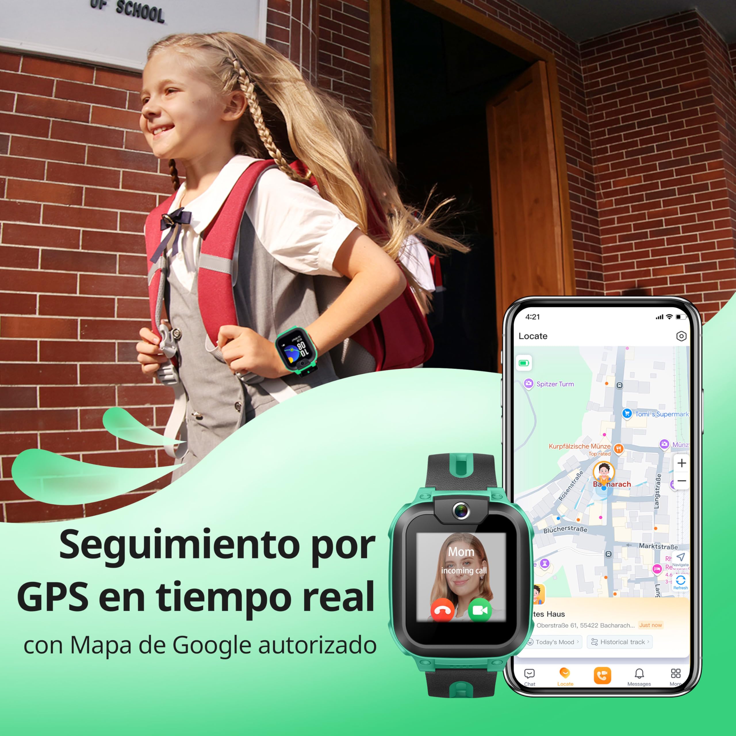 imoo Z1 Reloj Inteligente Niños, Reloj Inteligente Niño GPS y Vídeo Llamadas, Smartwatch Niños con Larga Duración Llamadas, Reloj GPS con Localización en Tiempo Real y Resistencia al Agua IPX8 (Verde)