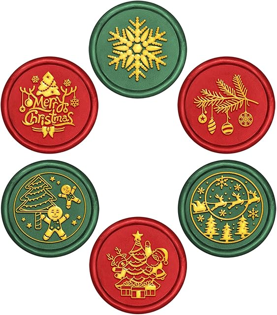 CRASPIRE Wax Seal Stamp Heads Set Christmas, 6 Pieces Removable Sealing Brass Stamp Heads for Xmas Envelope Postcard Label Invitation Cards Candy Gift Sealing (Without Handle)