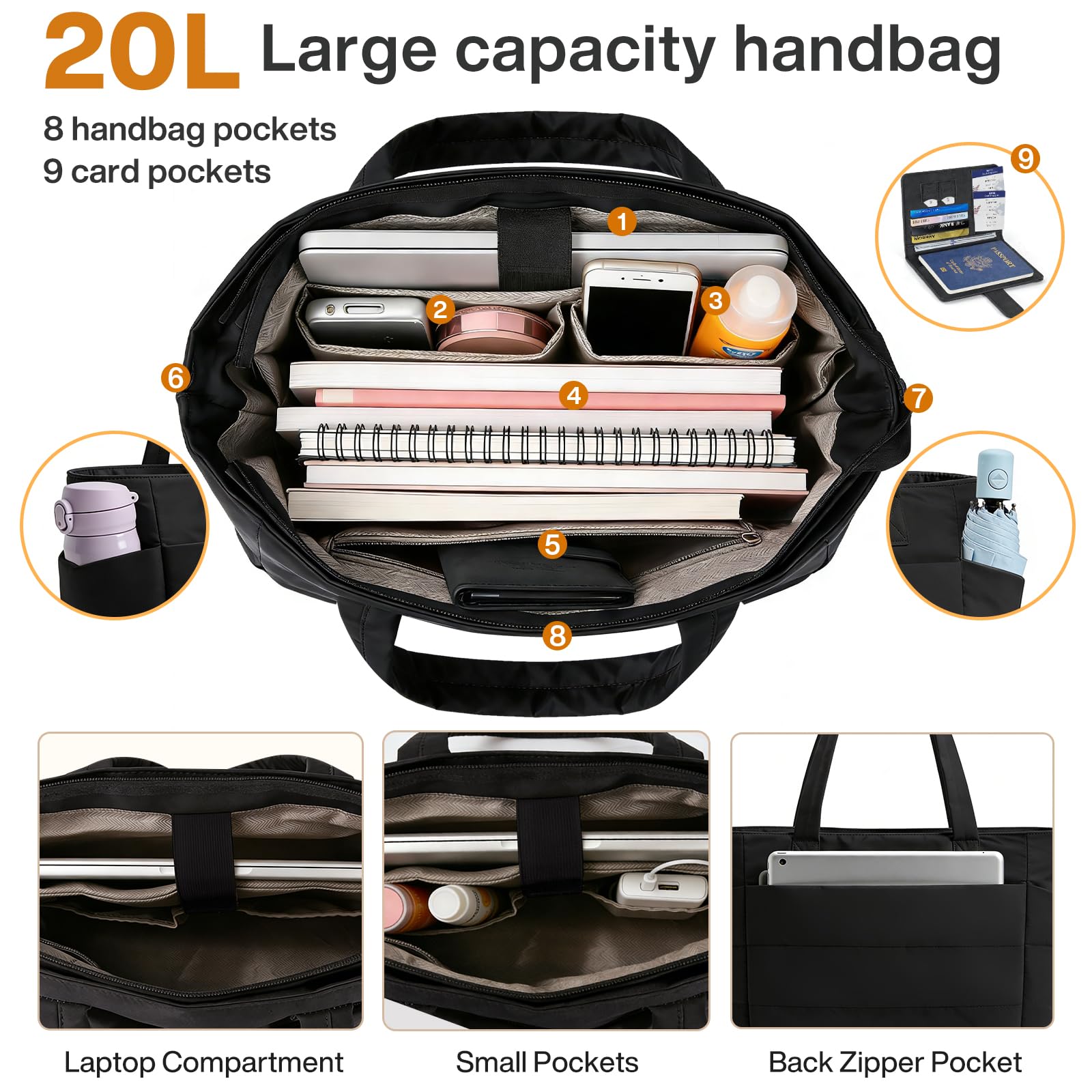 Sac à Main 8+9 20l Pour Femme, Avec Pochette Multifonctionnelle Pour Cartes De Voyage. LéGer (0,39 Kg), Il Comprend Un Compartiment Pour Ordinateur Portable 15,6 Pouces