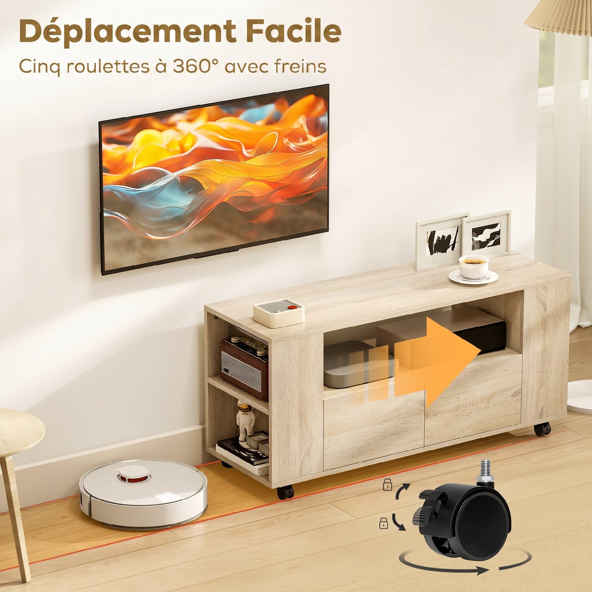 HOMCOM Meuble TV sur roulettes 102 cm, Meuble télé pour téléviseur jusqu'à 42 Pouces avec 2 tiroirs, Compartiments Ouverts et étagères réglables, Banc TV pour Salon, Chambre à Coucher, Bois Naturel