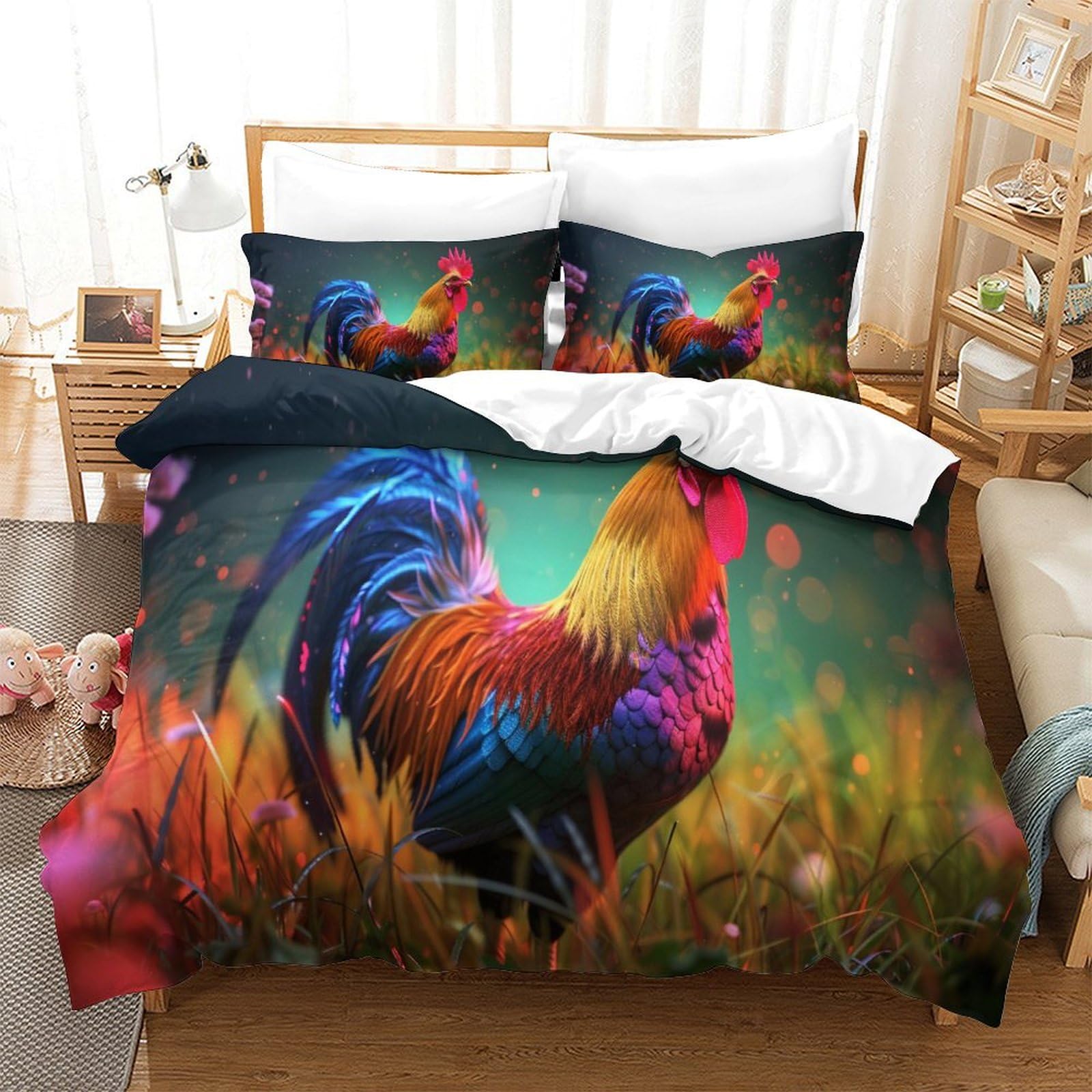 P1S9U7W5Y Vivid Rooster Pattern 3D Printed Duvet Cover Set 3pcs Microfiber Rooster Bedding Set Double（200x200cm）