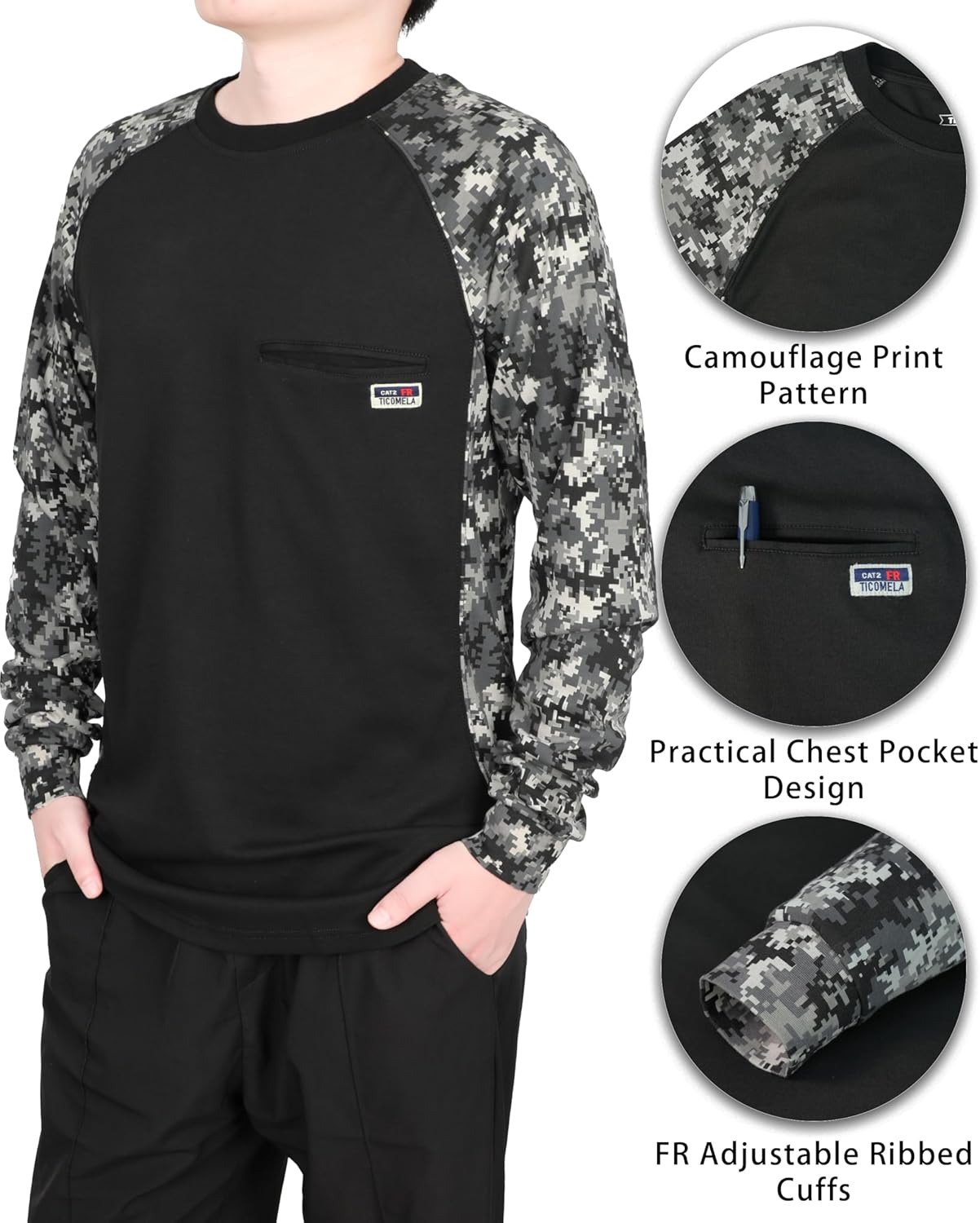TICOMELA FR Camo T-Shirt for Men, 5.5oz Lightweight Flame Resistant Long Sleeve Work Shirt – NFPA 2112 Certified Crewneck - Image 4