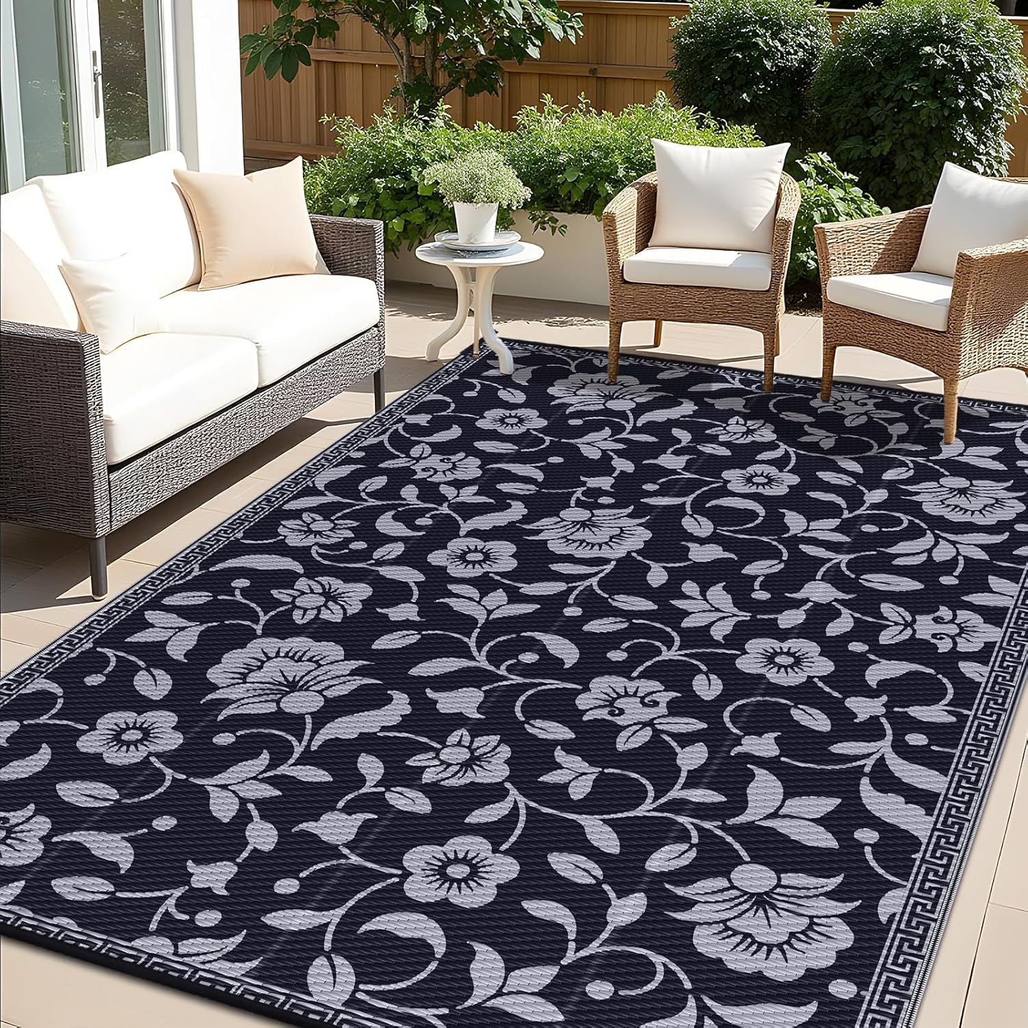 smiry Outdoor Rug Waterproof Large Garden Rugs UV-Resistant Outside Patio Carpet Reversible Plastic Straw Mat for Balcony, Camping, Picnic, Backyard- 270 x 360 cm, Black & Grey - Flower