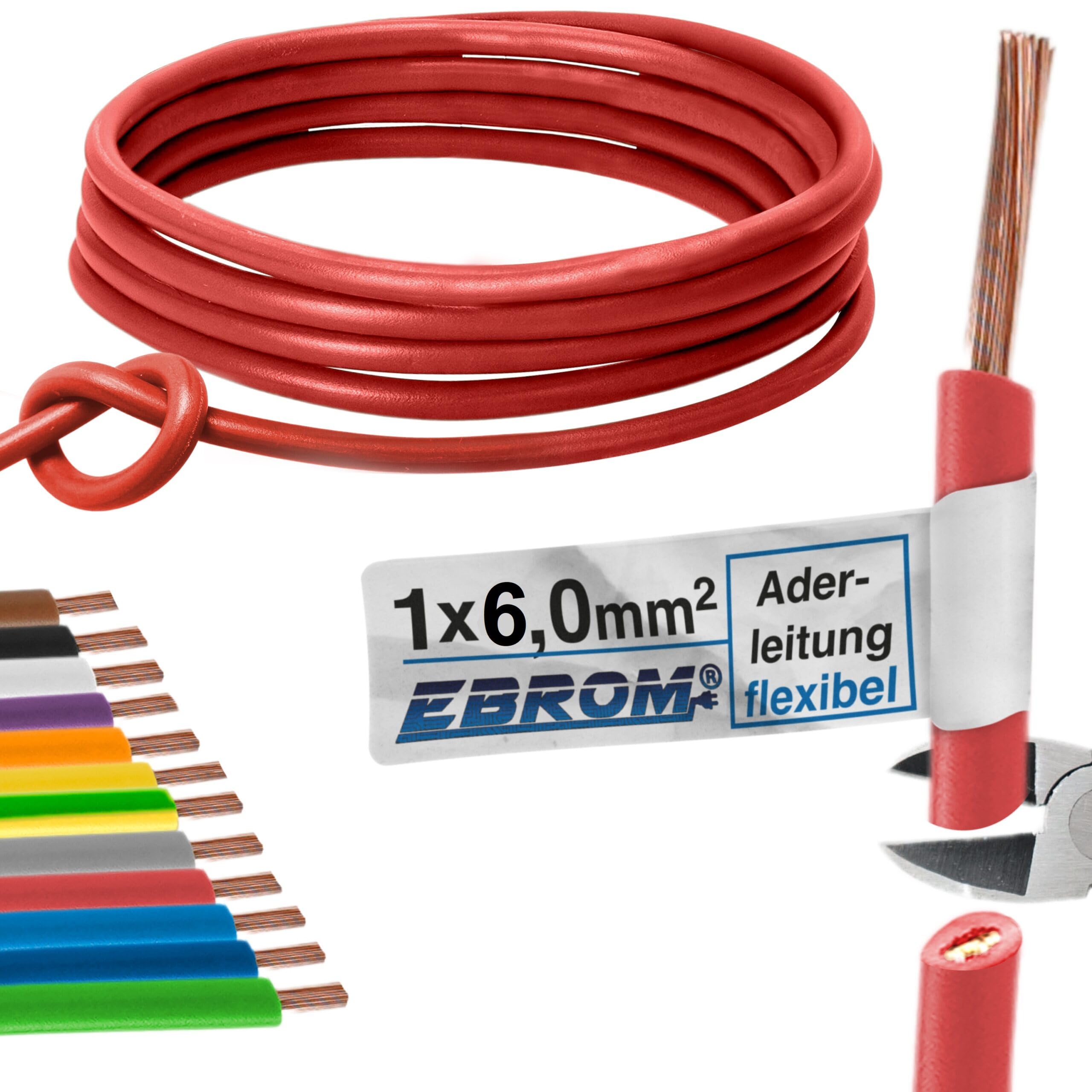 EBROM - Cavo conduttore multifilo da 5 metri – Cavo di cablaggio flessibile – Cavo in PVC – H07V-K 6mm2 | 6 mm² | 6 mm² | 6 mm2 – Colore: rosso – rame pieno 99,9% rame OFC – Lunghezza: 5 metri