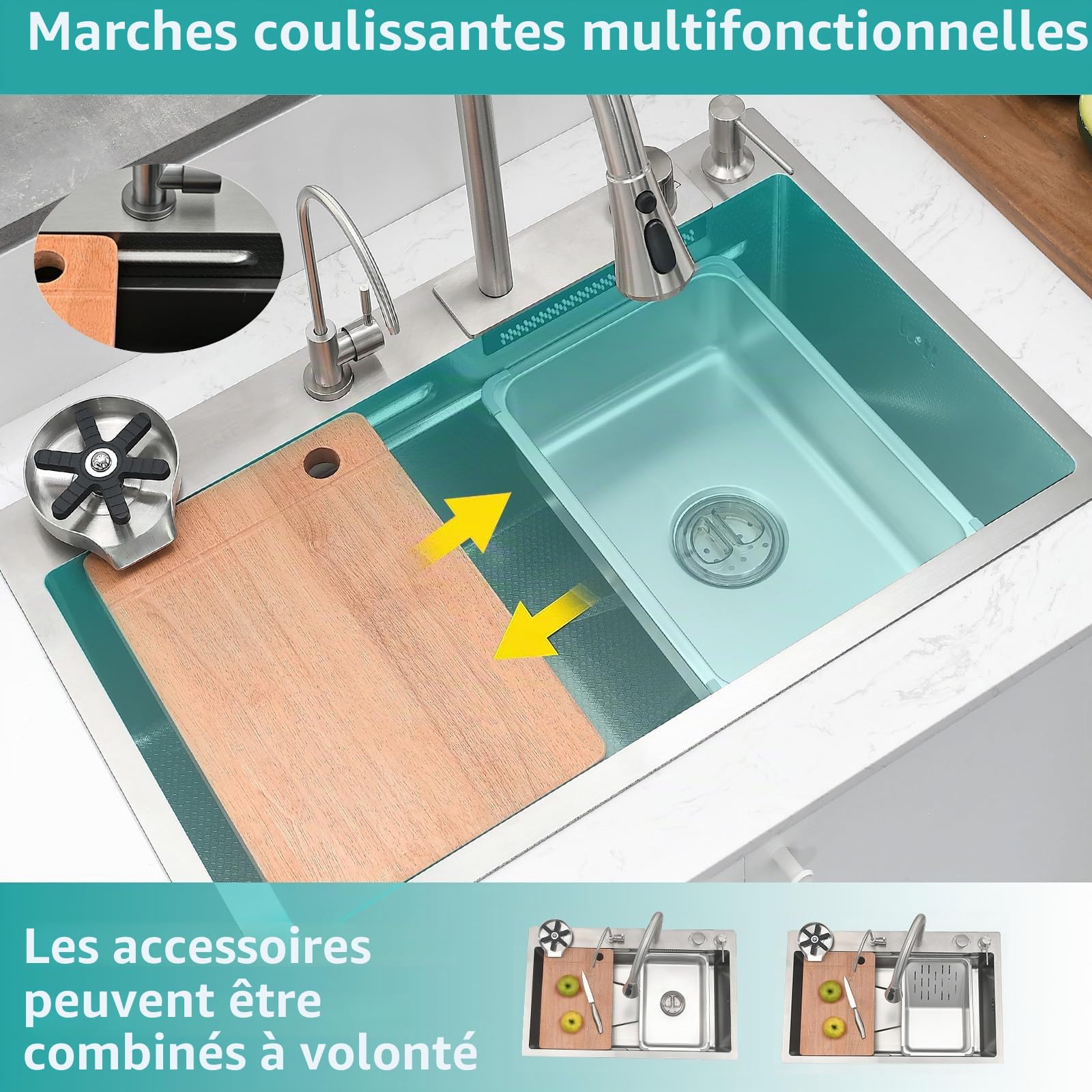 Évier de Cuisine, Cascade Multifonction, Evier de Cuisine à Comptoir Raindance Professionnel Lavabo Acier Inoxydable avec Lave Verre & Robinet Extractiblen Haute Pression Argent 75x45x21cm
