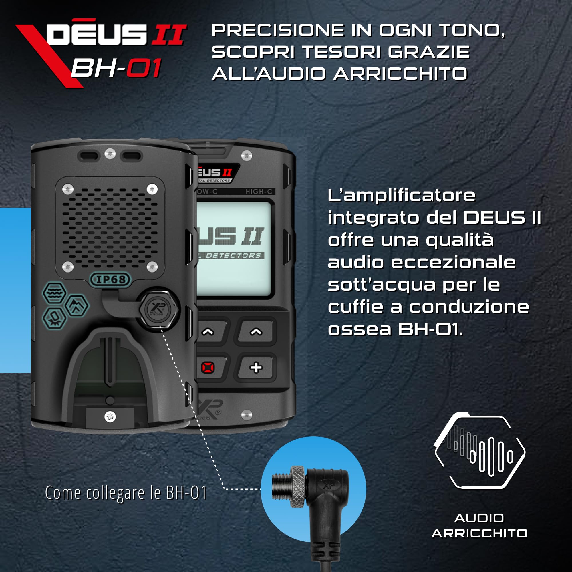 XP METAL DETECTORS BH-01 cuffia a conduzione ossea con cavo per metal detector XP Deus II - Impermeabili per la ricerca subacquea fino a 20 m - Certificazione IP-68