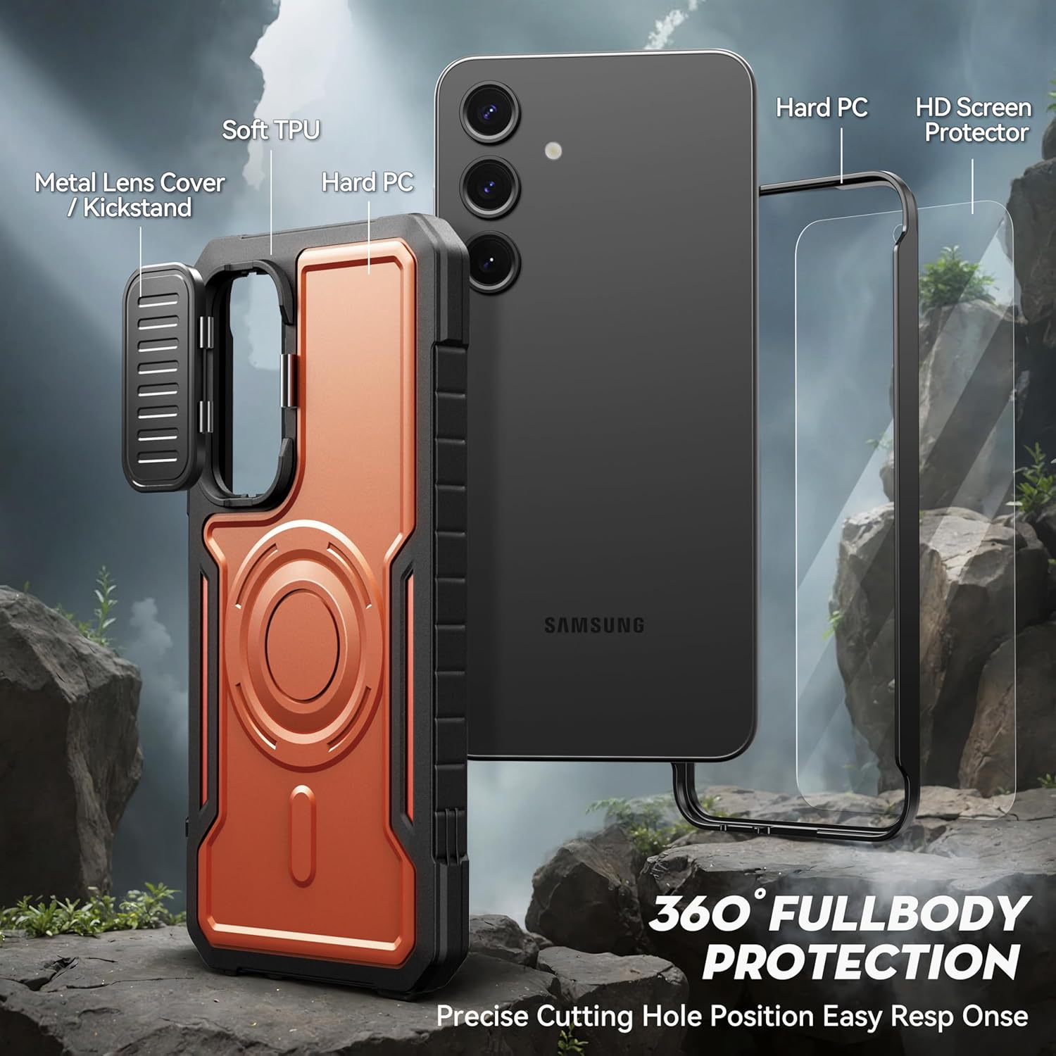 FITO for Samsung Galaxy S24 FE Case with Screen Protector, Military Grade Shockproof Phone Case with Camera Cover and Kickstand (Orange)