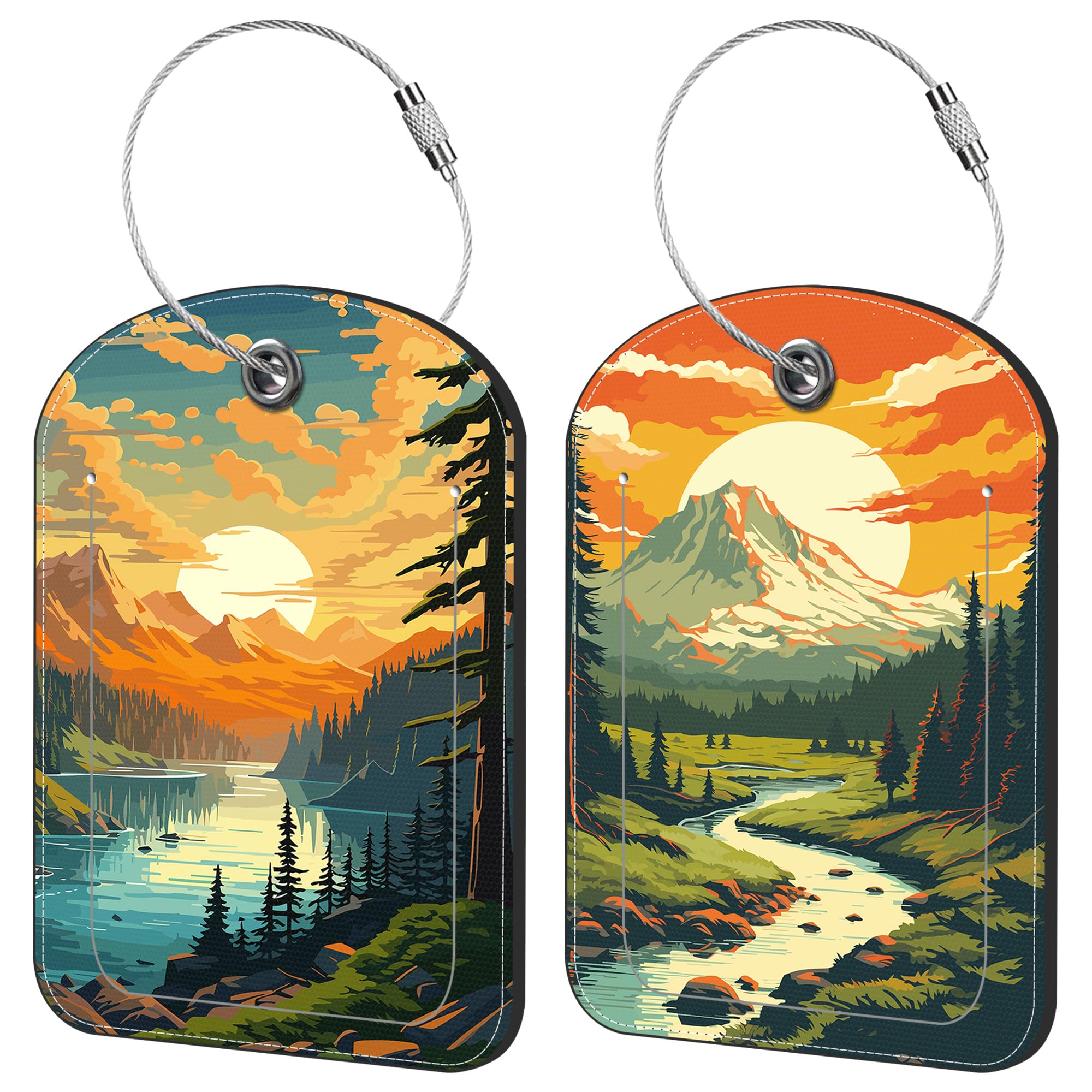 iapodiad Vintage Mountain and Lake Luggage Tag for Suitcase Set of 2 PU Leather Cute Luggage Tags with Stainless Metal Loop ID Label Privacy Flap